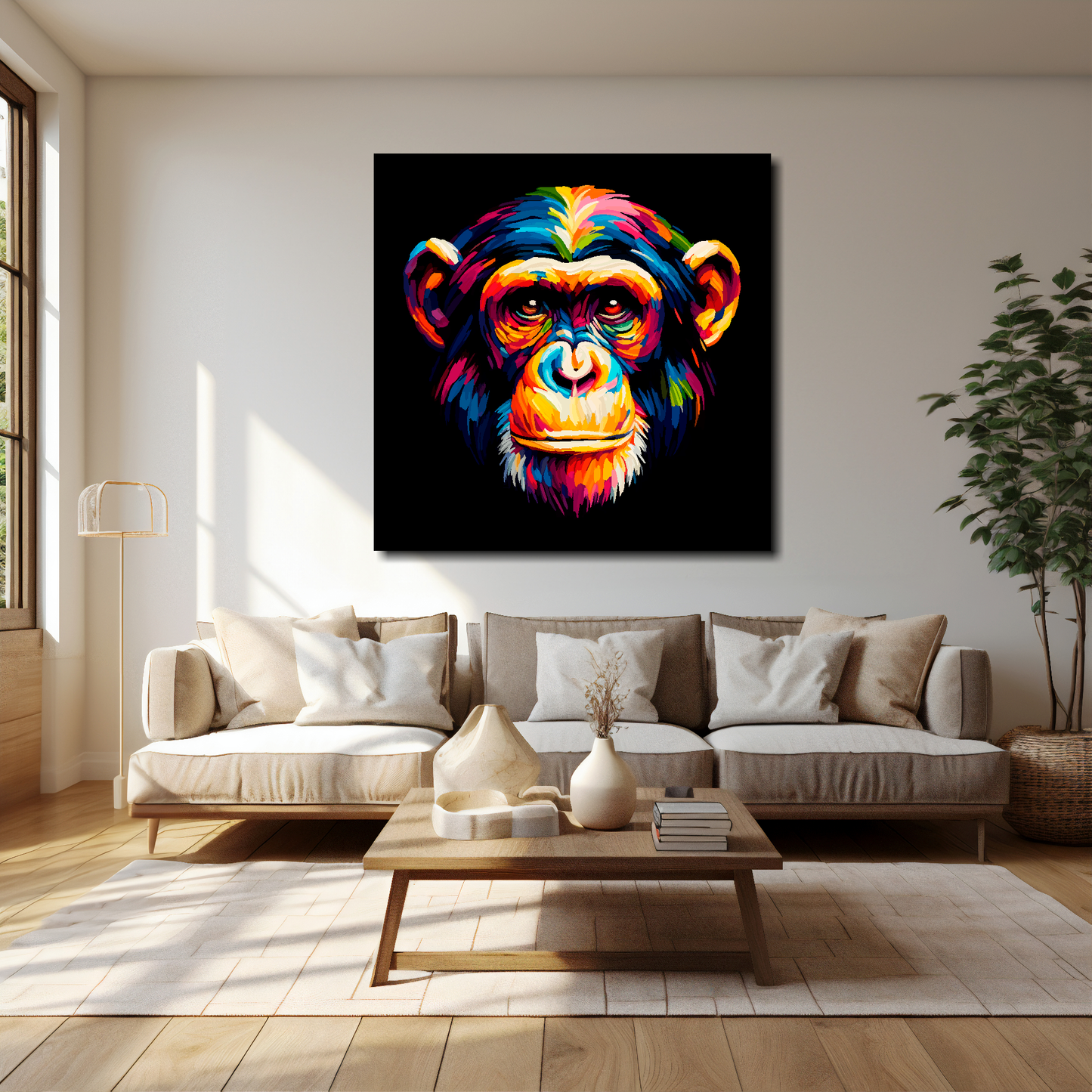 Chimpanzee canvas 40x40 inches above cream sofa - XL vibrant wildlife wall art UK