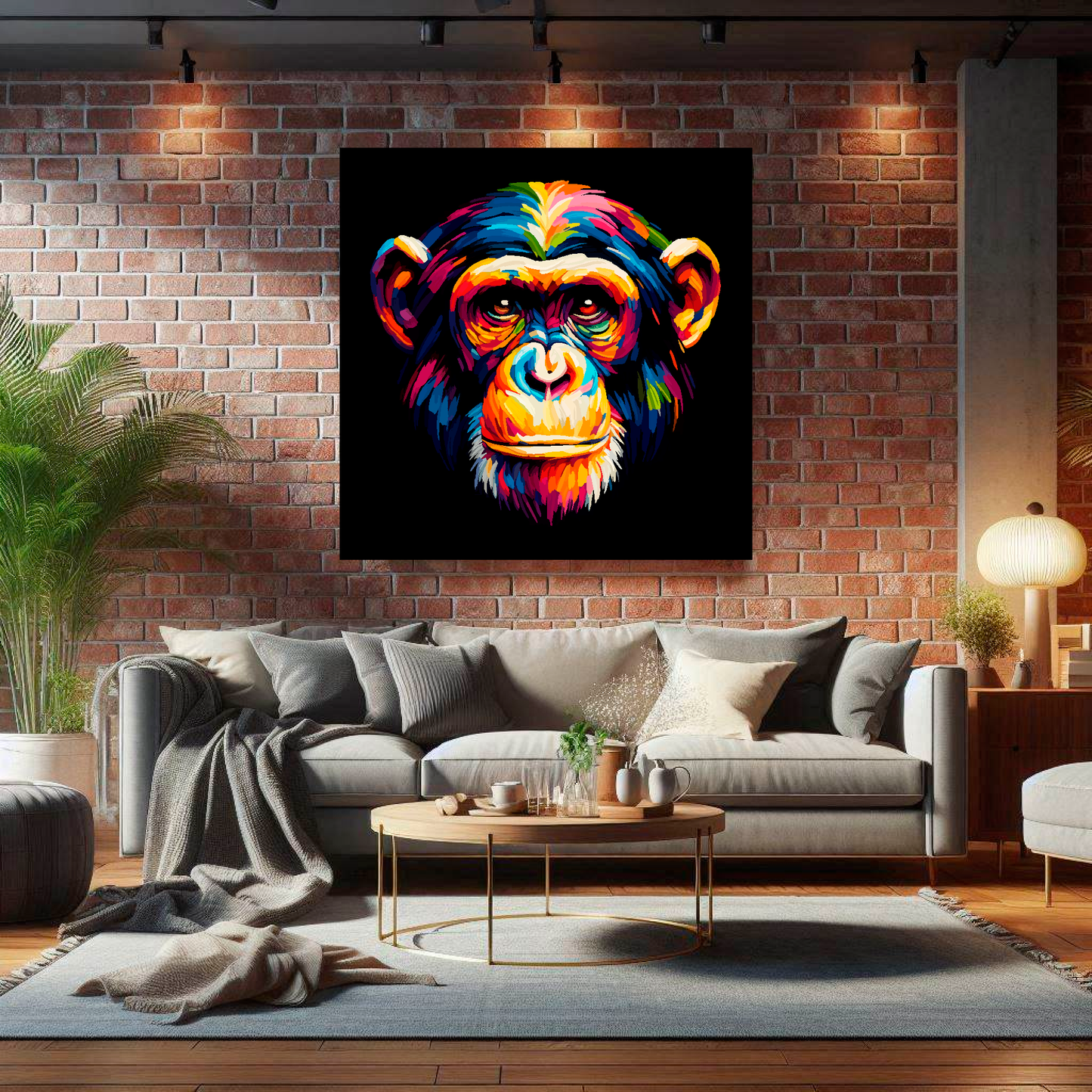 Large Chimpanzee canvas on brick wall above grey sofa - bold wildlife portrait UK living room