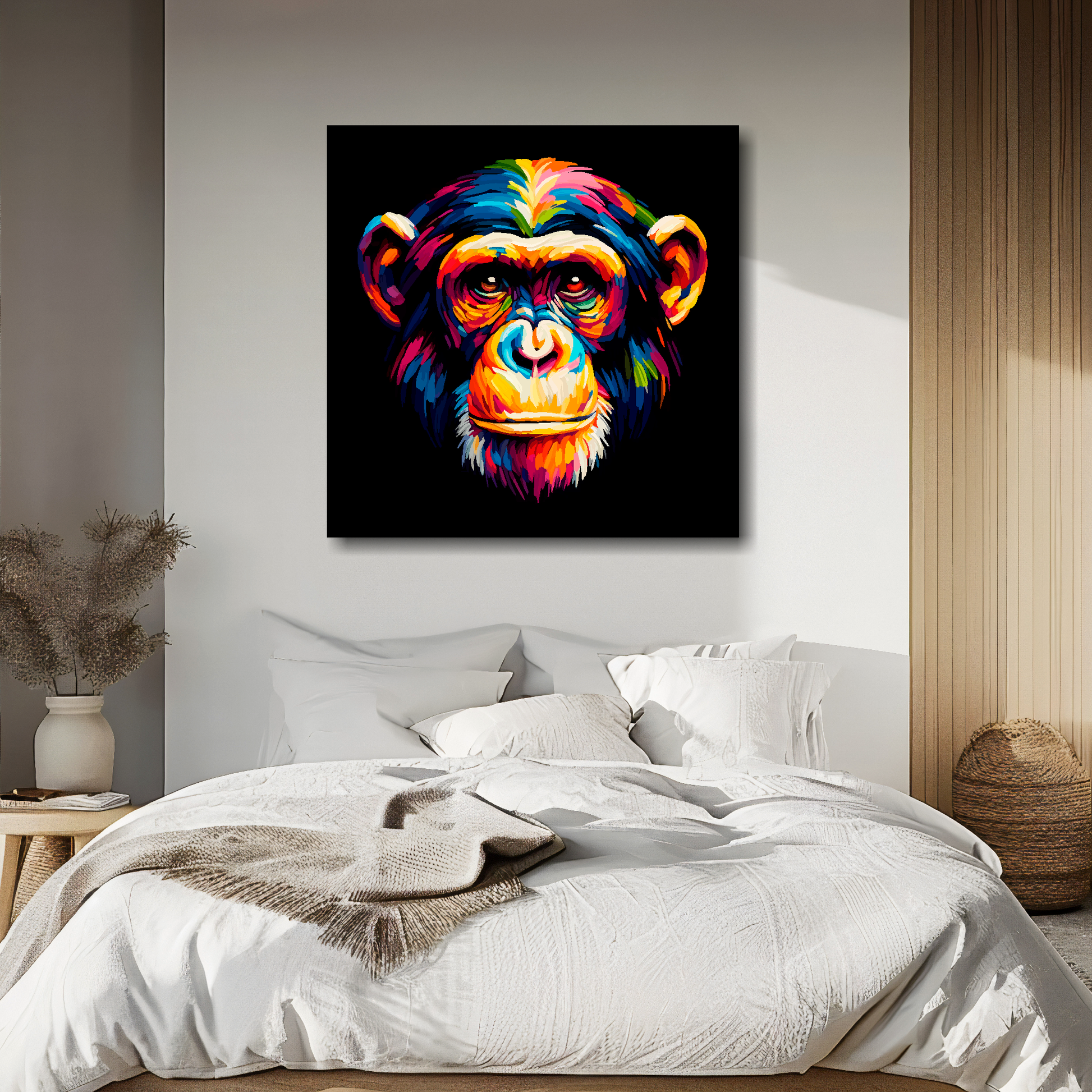 Chimpanzee portrait canvas above bed - colourful wildlife wall decor for UK bedrooms