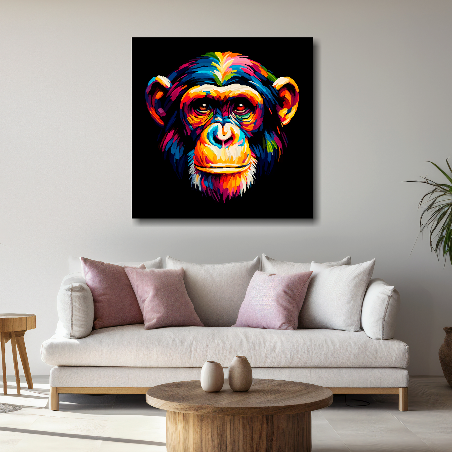 Large Chimpanzee canvas above white sofa - vibrant abstract wildlife portrait wall art UK
