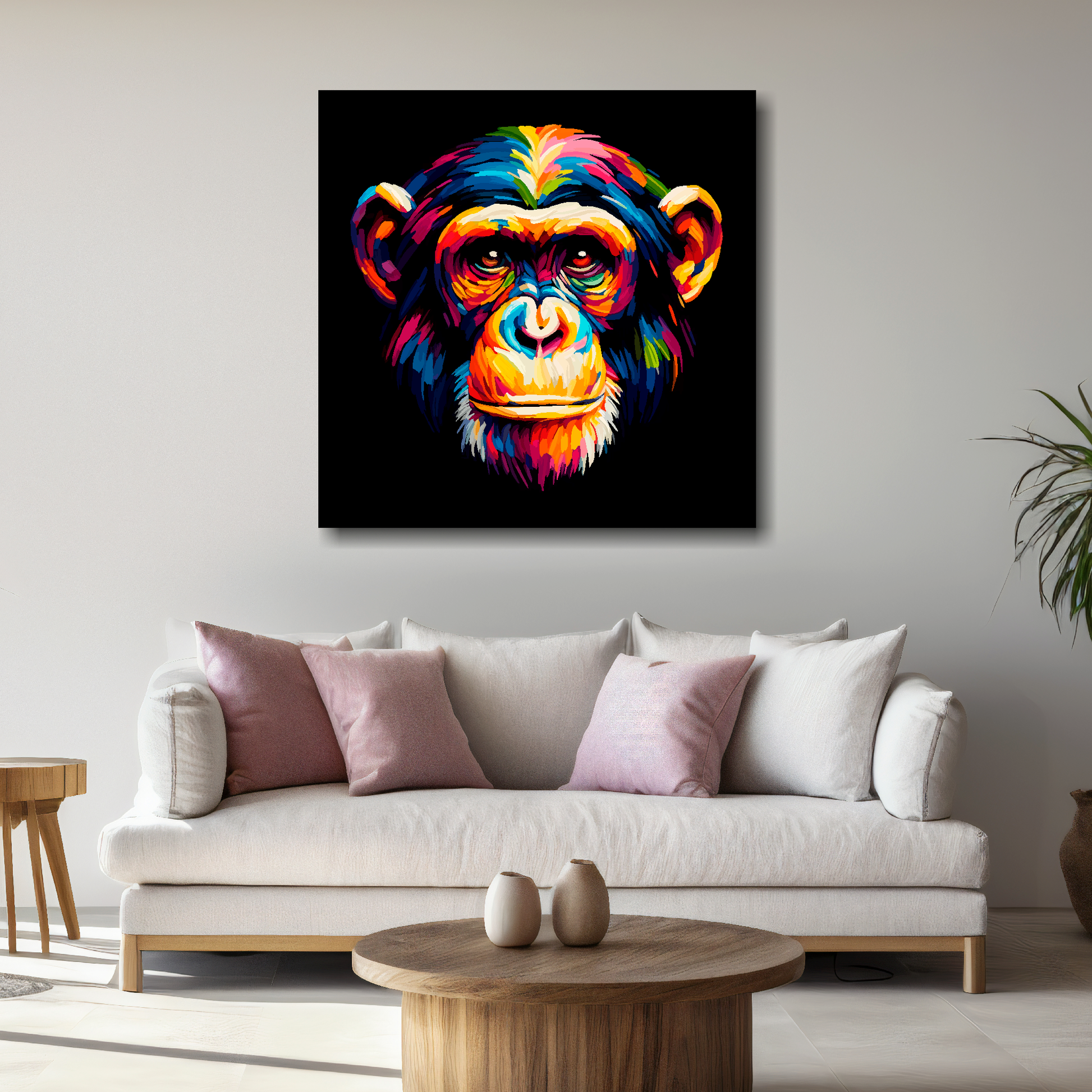 Large Chimpanzee canvas above white sofa - vibrant abstract wildlife portrait wall art UK
