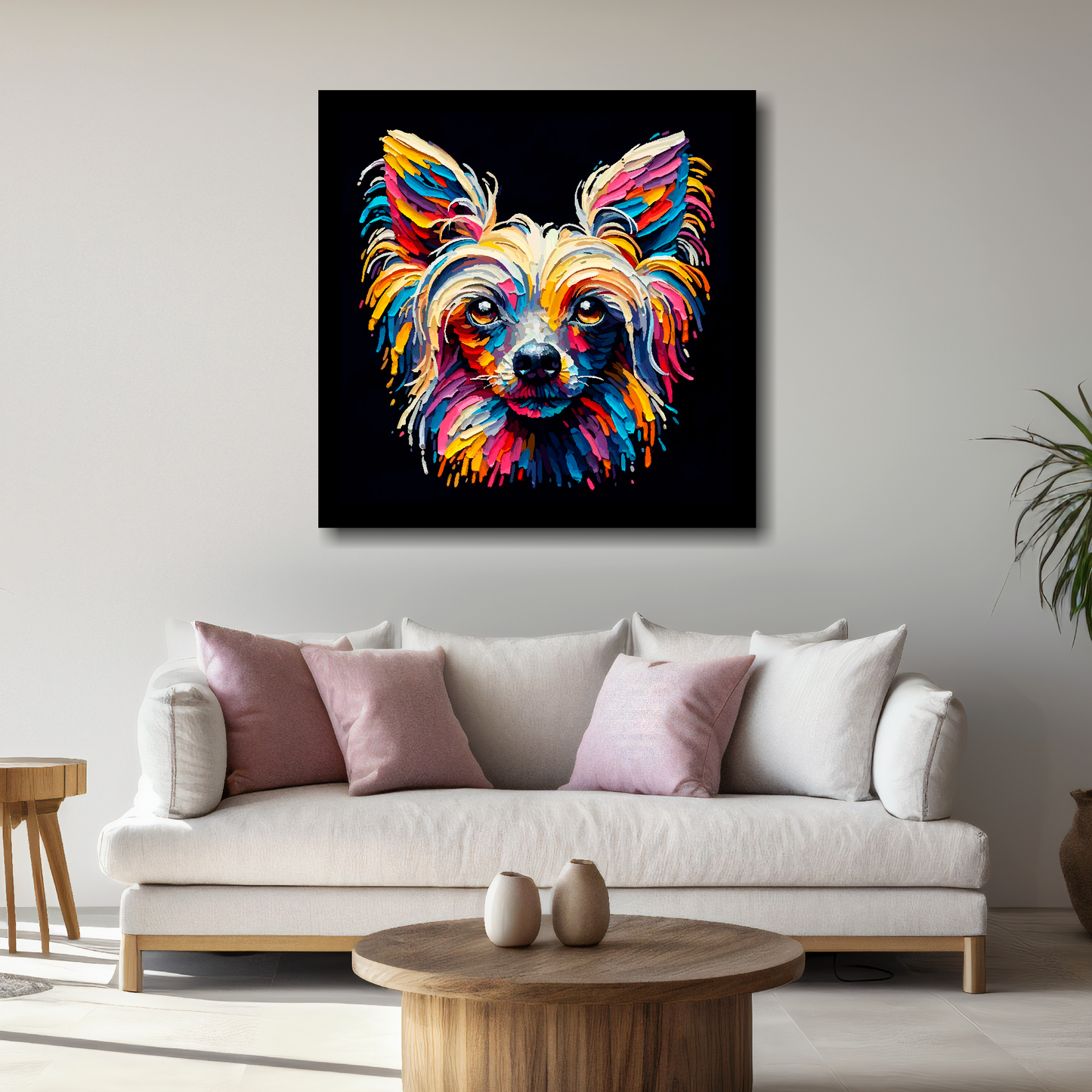 Large Chinese Crested portrait canvas - colourful dog wall decor UK