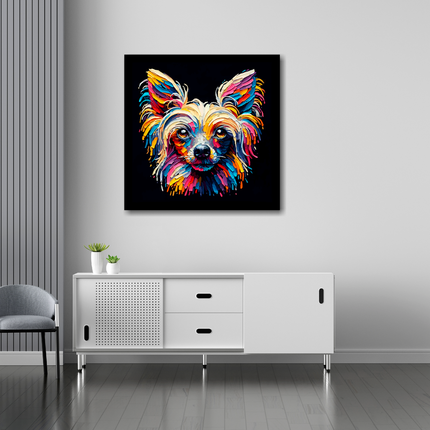 Chinese Crested canvas 30x30 inches above sideboard - large dog portrait UK made