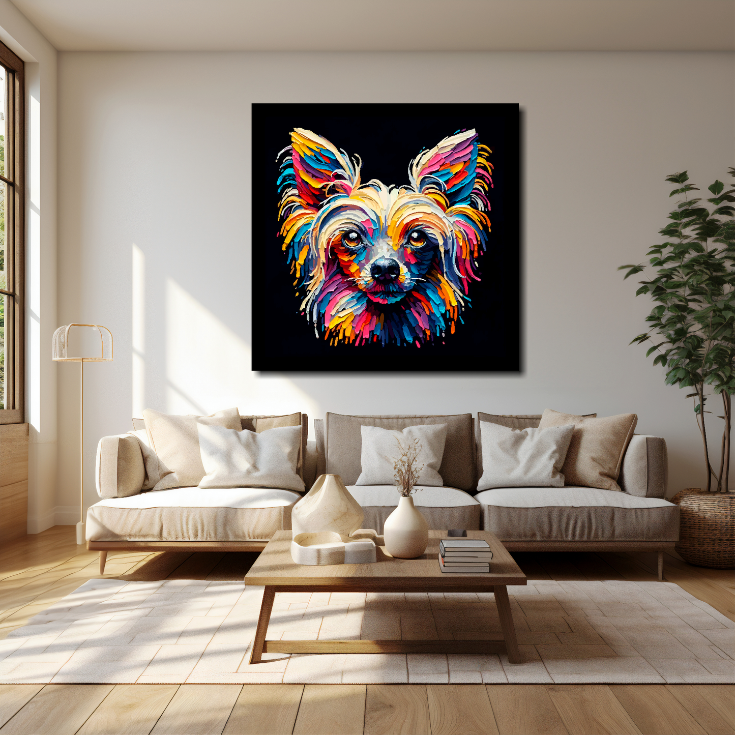 Chinese Crested canvas 40x40 inches above cream sofa - XL dog wall art UK