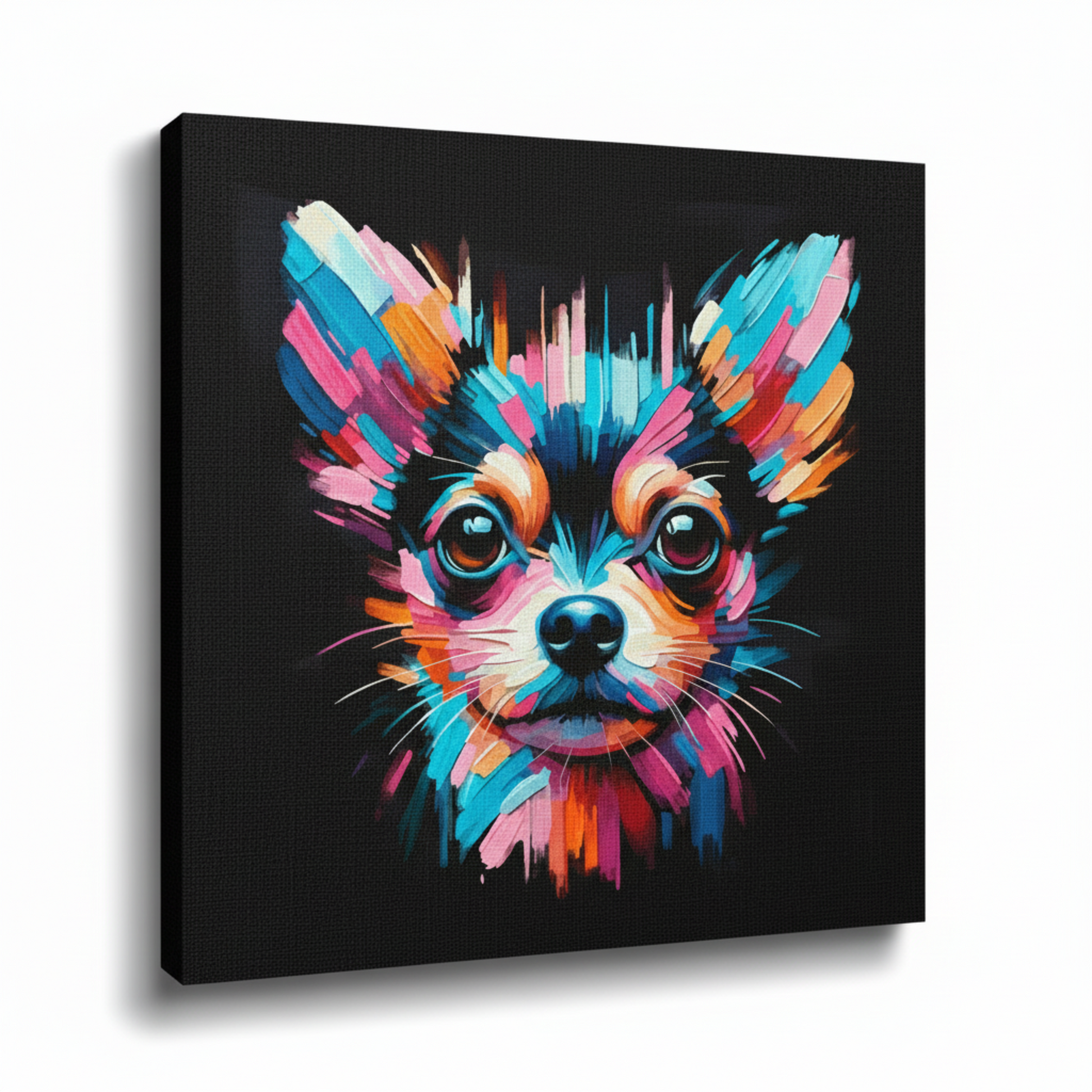 Colourful Chiweenie dog portrait canvas print - UK made abstract pet wall art black background