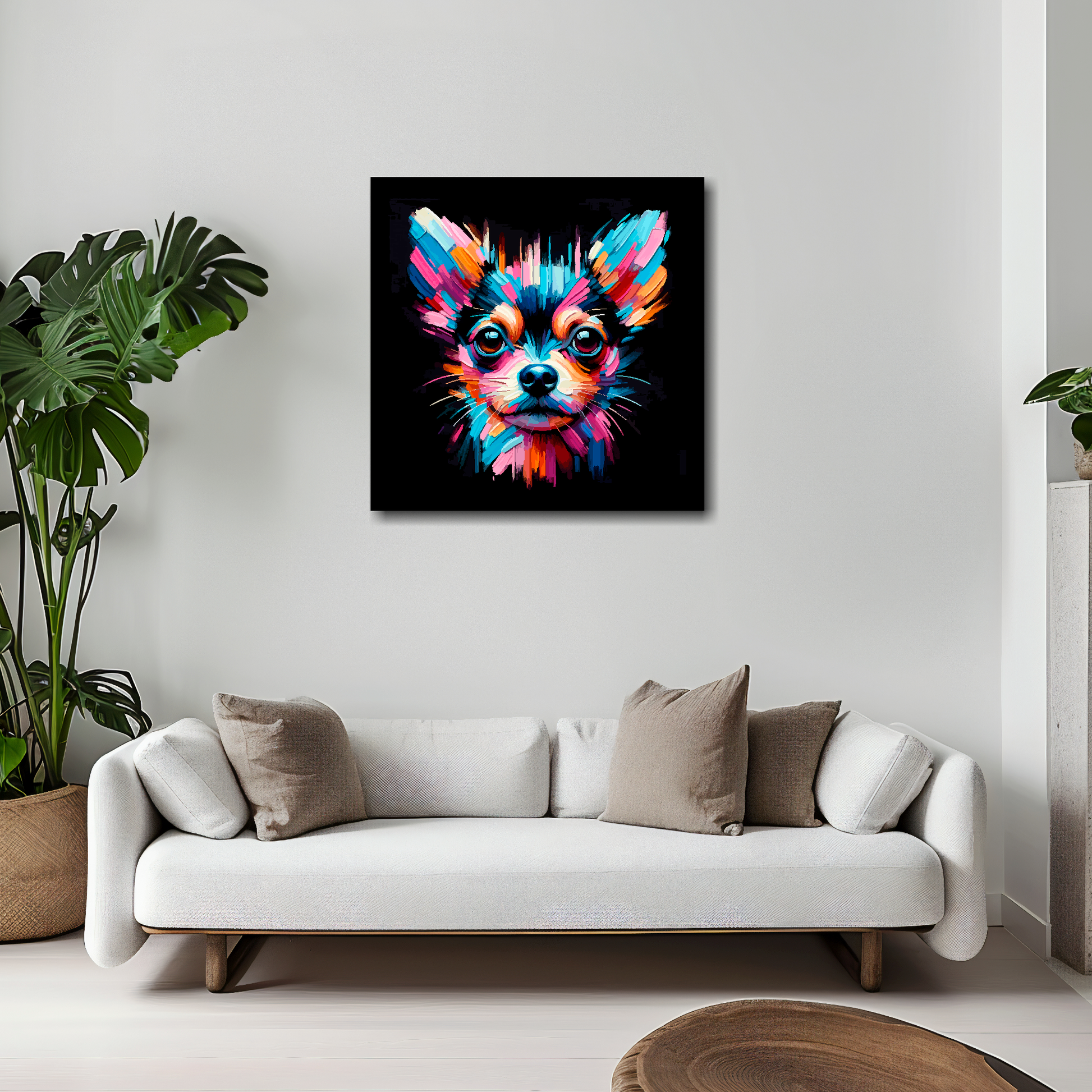 Chiweenie canvas 20x20 inches above white sofa - vibrant dog portrait wall art UK