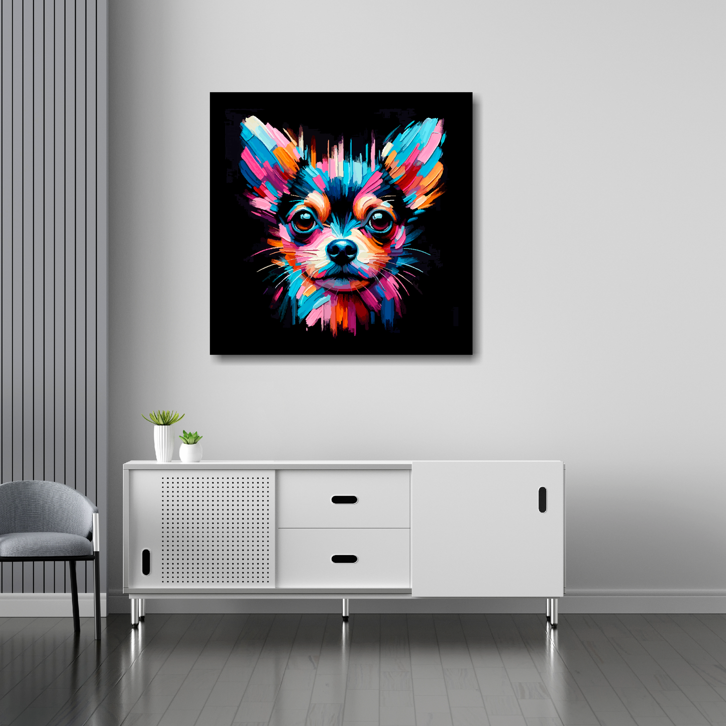 Chiweenie canvas 30x30 inches above sideboard - large colourful dog portrait UK made