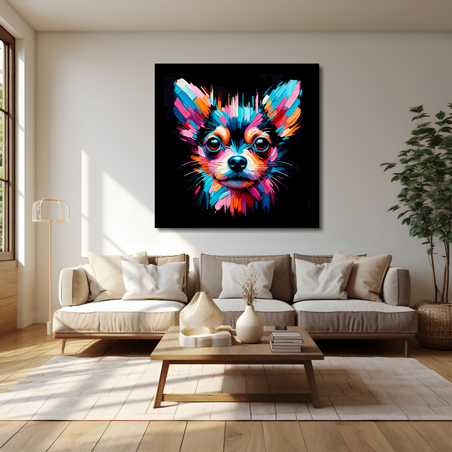Chiweenie canvas 40x40 inches above cream sofa - XL vibrant dog wall art UK
