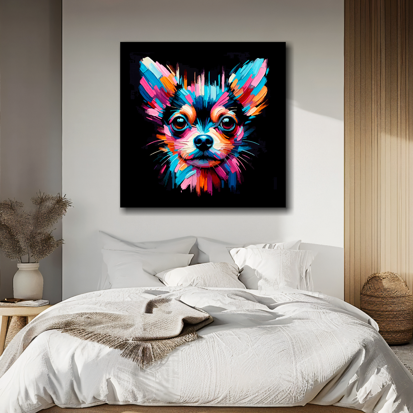 Chiweenie portrait canvas above bed - colourful dog wall decor for UK bedrooms