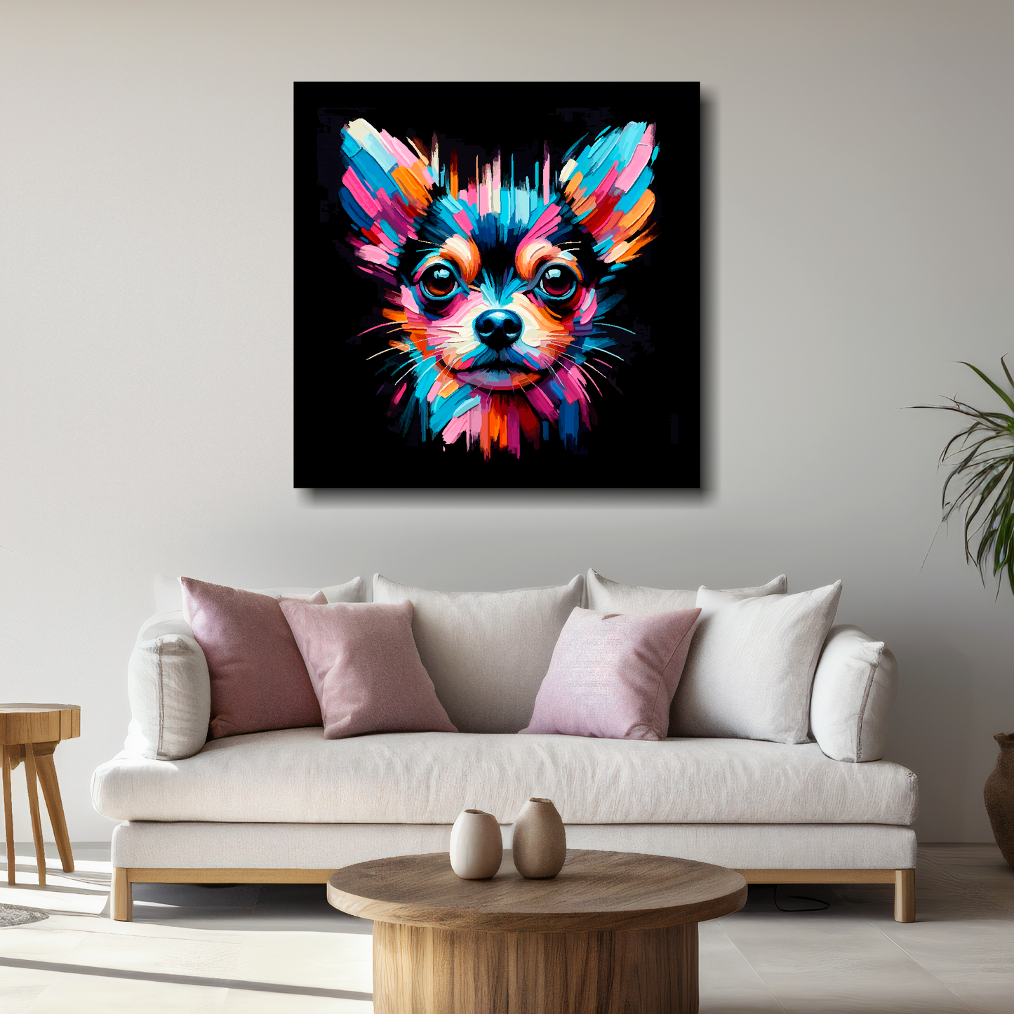 Large Chiweenie canvas above white sofa - vibrant abstract dog portrait wall art UK