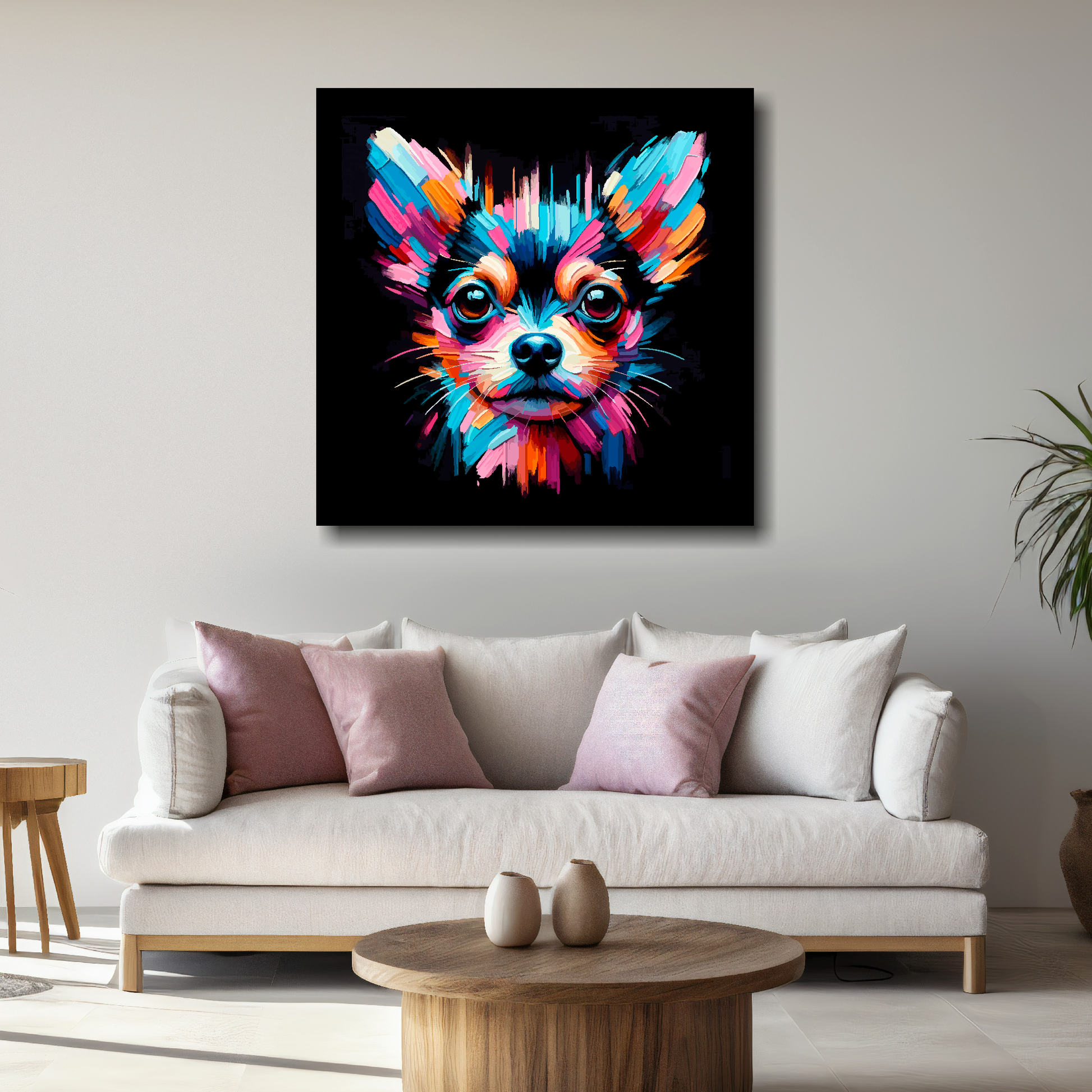 Large Chiweenie canvas above white sofa - vibrant abstract dog portrait wall art UK