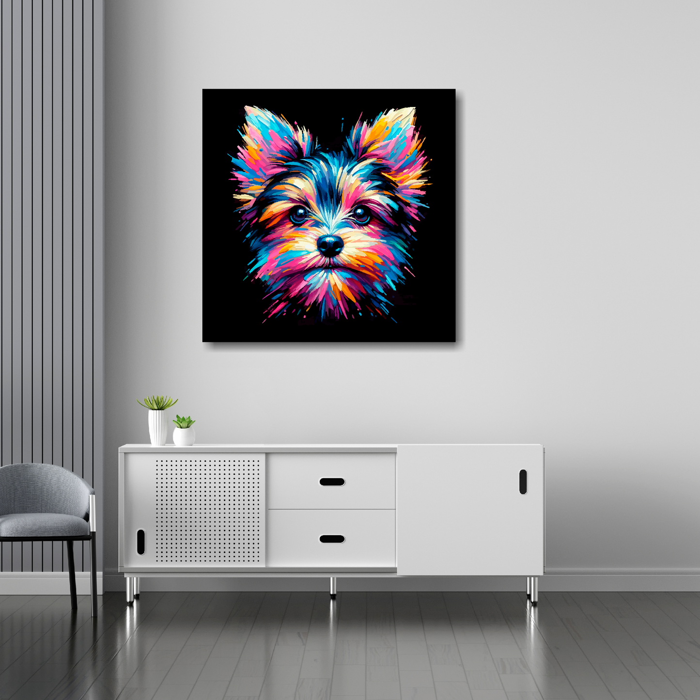 Chorkie canvas 30x30 inches above sideboard - large colourful dog portrait UK made