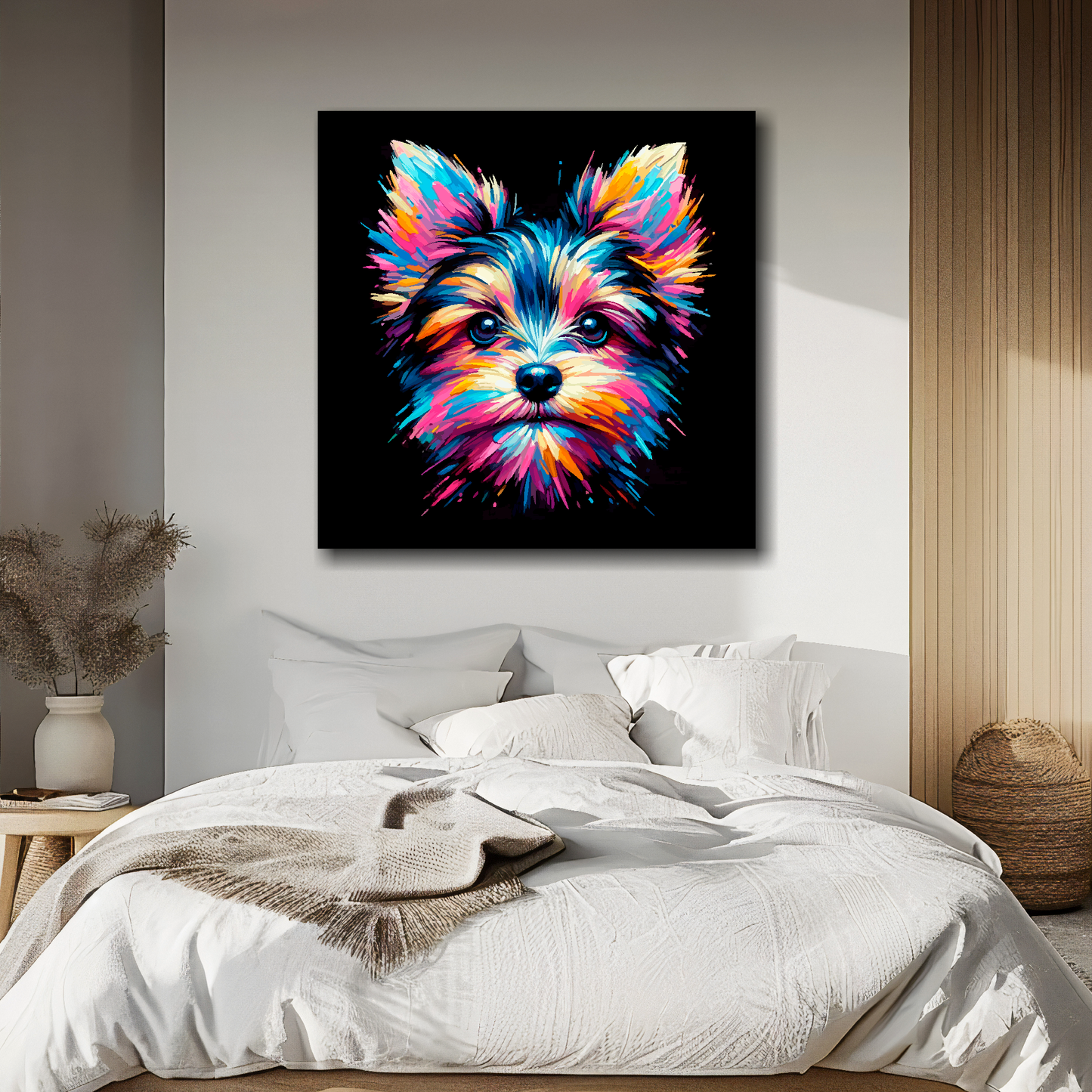 Chorkie portrait canvas above bed - colourful dog wall decor for UK bedrooms
