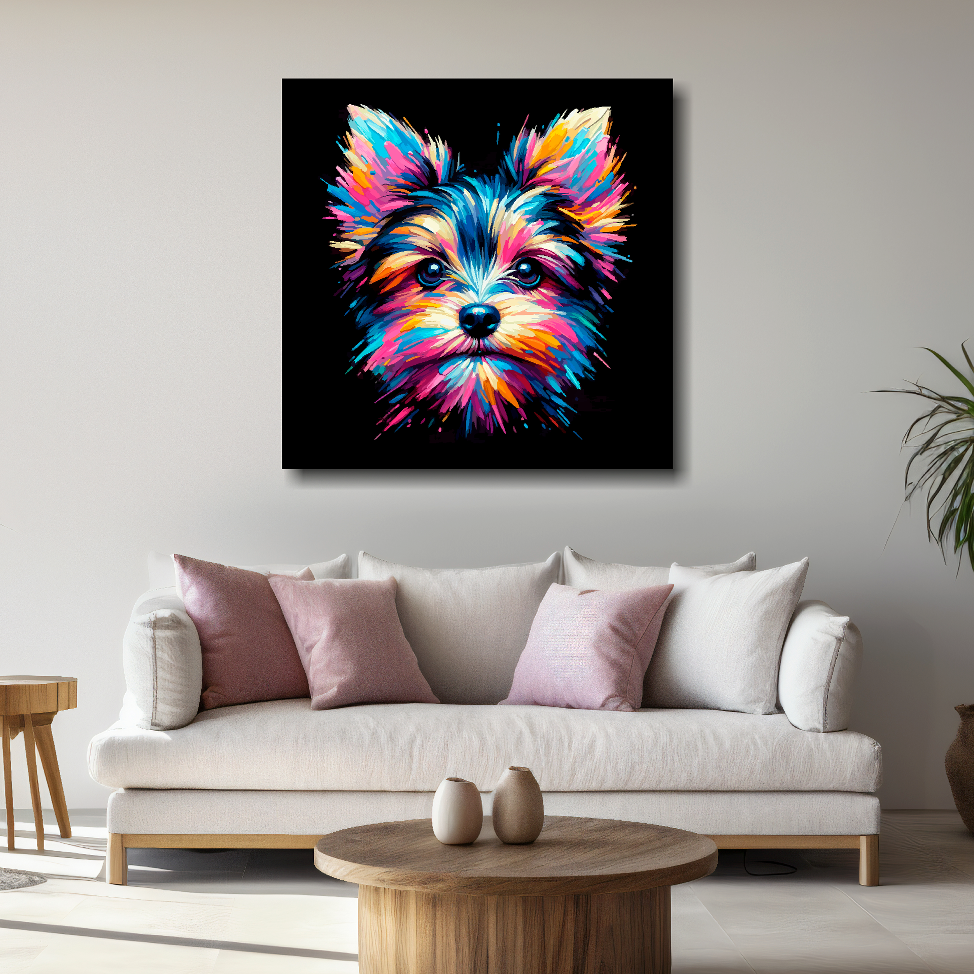 Large Chorkie canvas above white sofa - vibrant abstract dog portrait wall art UK