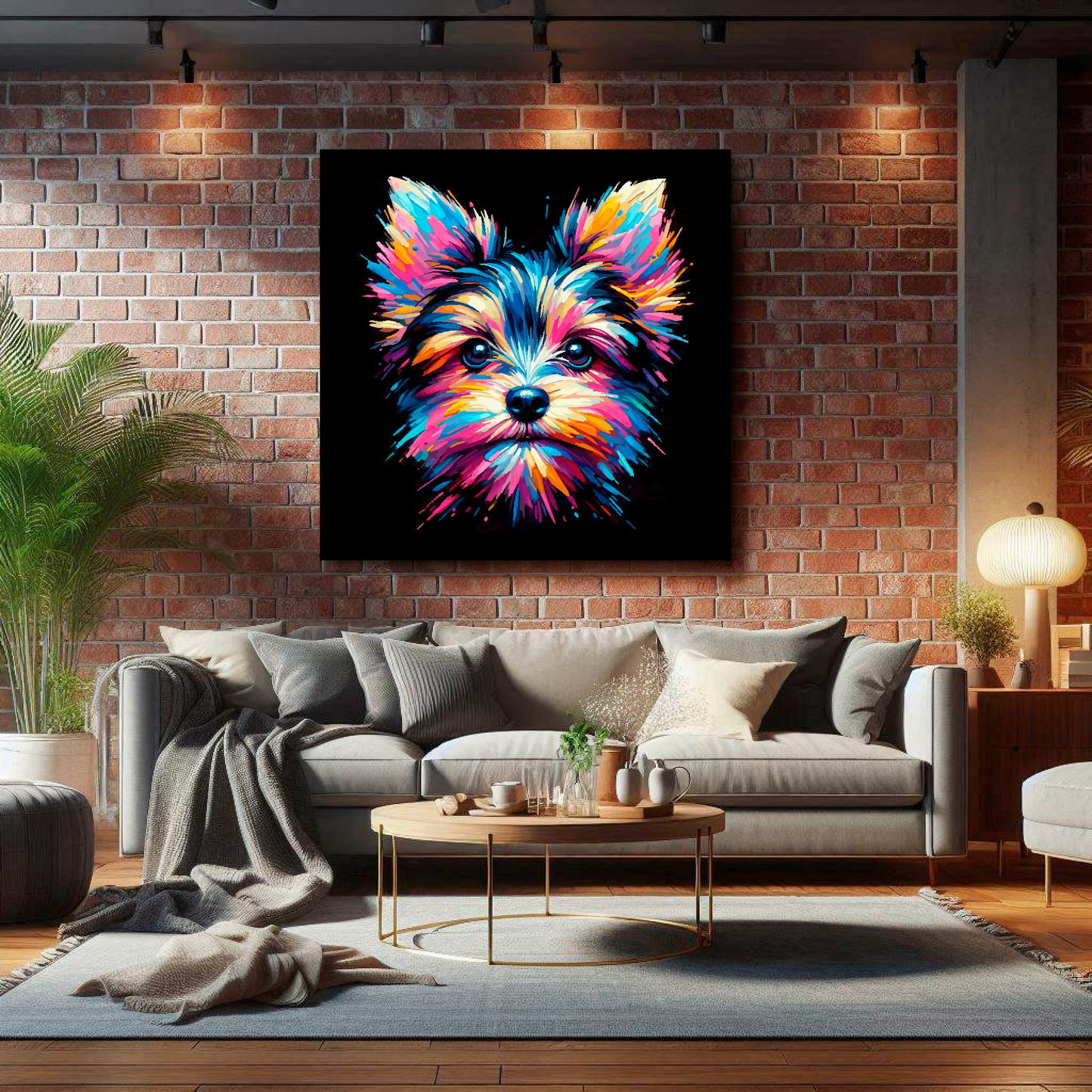 Large Chorkie canvas on brick wall above grey sofa - bold dog portrait UK living room