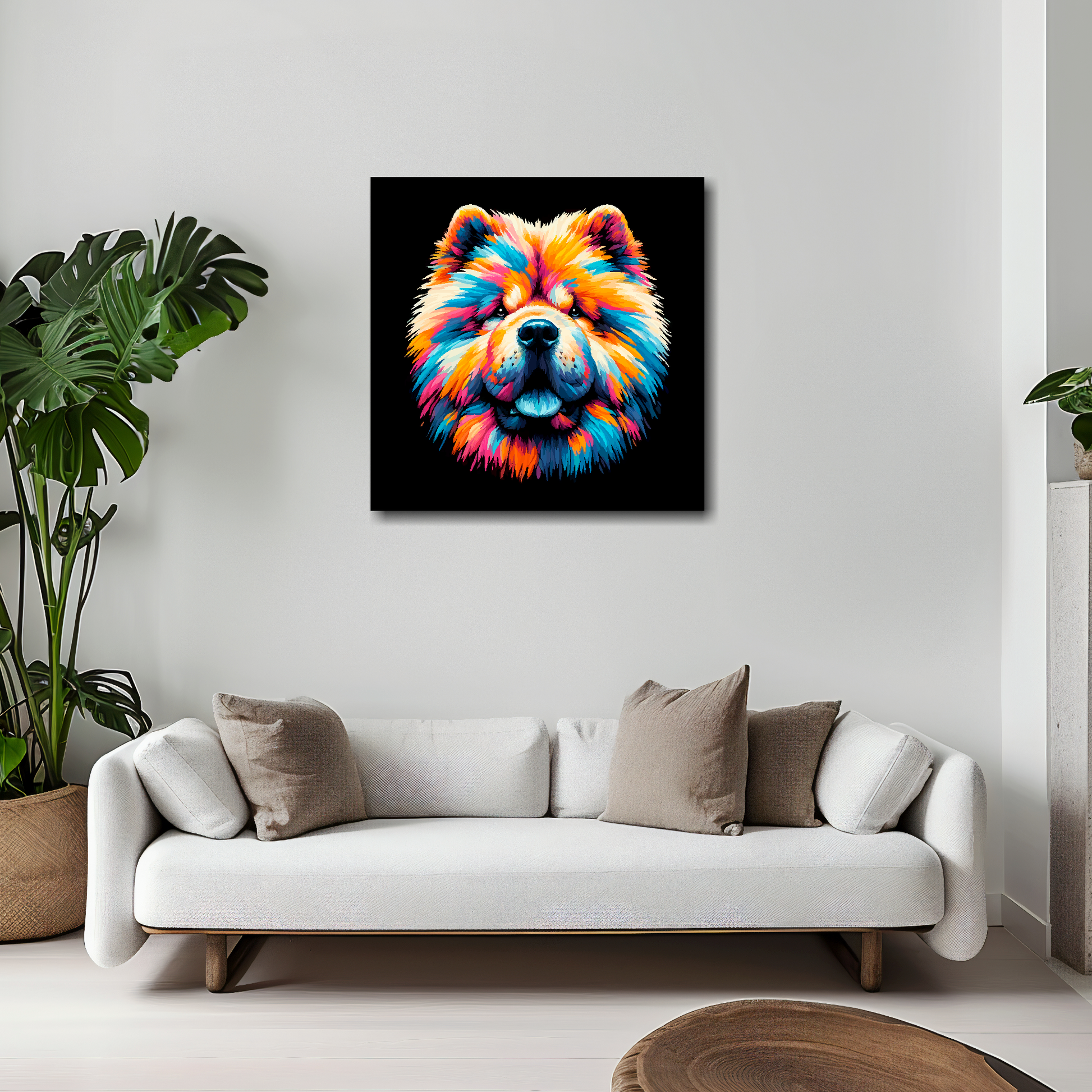 Chow Chow canvas 20x20 inches above white sofa - vibrant dog portrait UK
