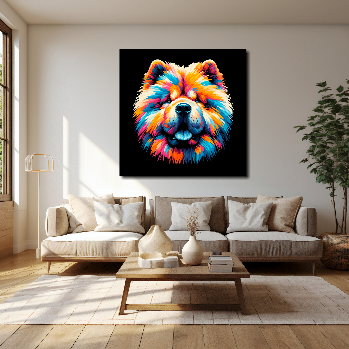 Chow Chow canvas 40x40 inches above cream sofa - XL dog wall art UK
