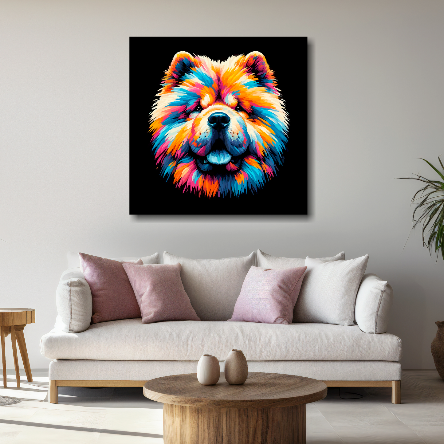 Large Chow Chow portrait canvas - colourful dog wall decor UK
