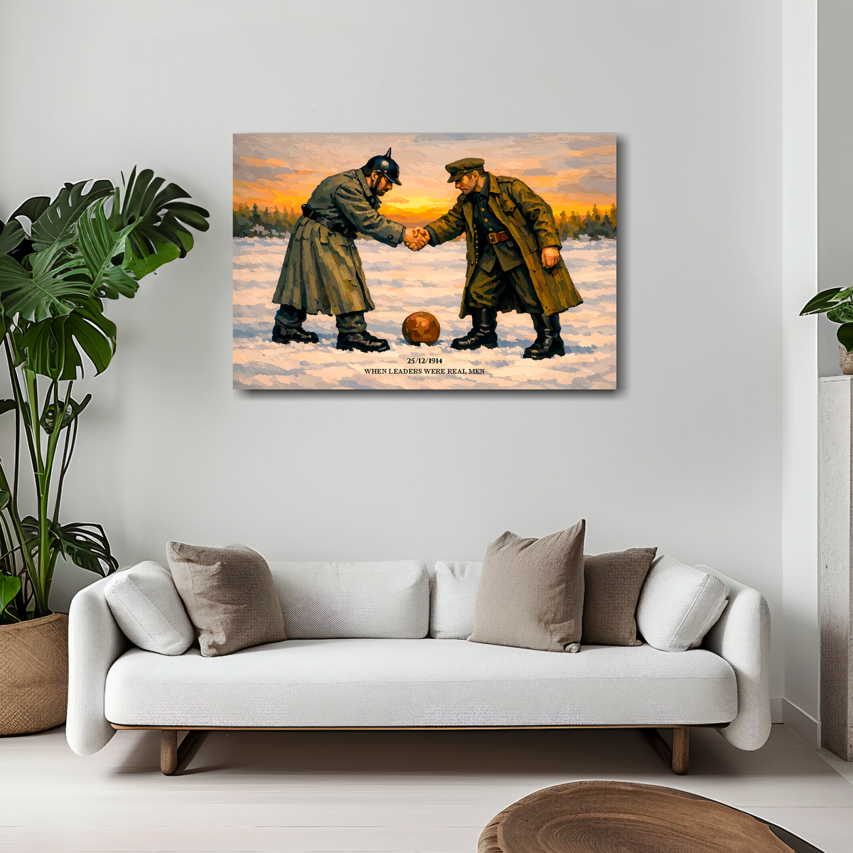Canvas artwork of the christmas day truce 1914, Two soldiers shake hands before a football match, text at the bottom reads '25/12/1914 WHEN LEADERS WERE REAL MEN'