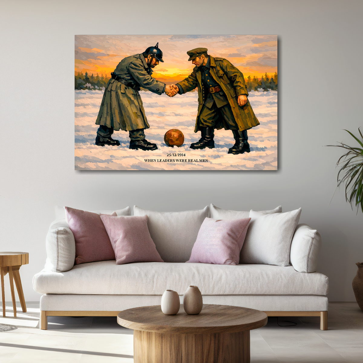 Canvas artwork of the christmas day truce 1914, a german and british soldier shake hands before a football match, in snowy conditions. text at the bottom reads '25/12/1914 WHEN LEADERS WERE REAL MEN'