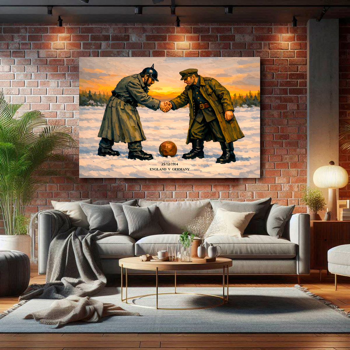Extra large canvas artwork of the christmas day truce 1914, a german and british soldier shake hands before a football match, text at the bottom reads '25/12/1914 England V Germany'