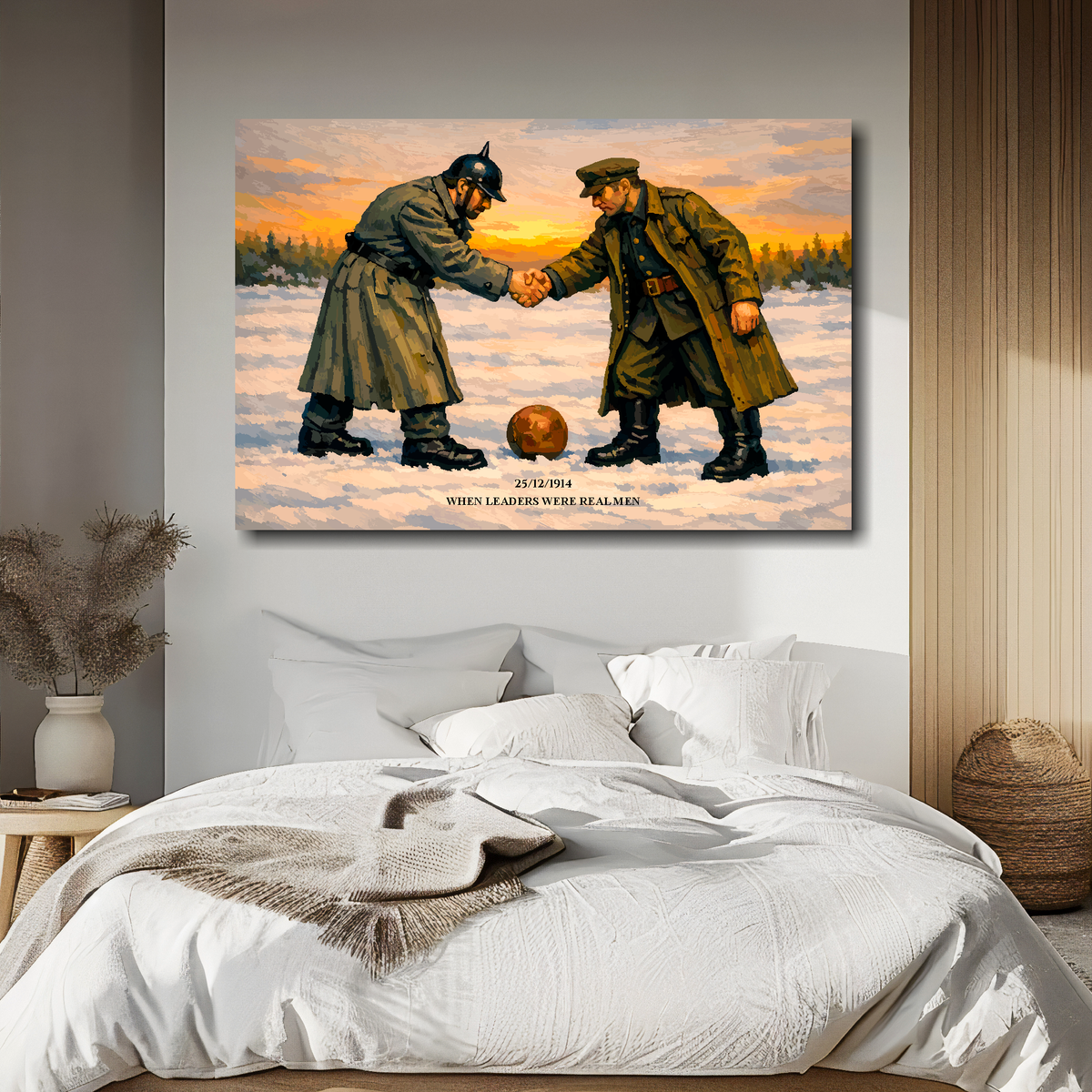 XL canvas artwork of the christmas day truce 1914, a german and british soldier shake hands before a football match, text at the bottom reads '25/12/1914 WHEN LEADERS WERE REAL MEN'