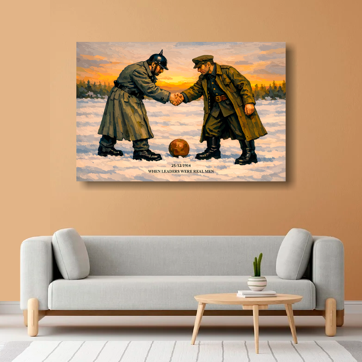 Canvas artwork of the christmas day truce 1914, a german and british soldier shake hands before a football match, Mounted on a orange wall above a sofa.
