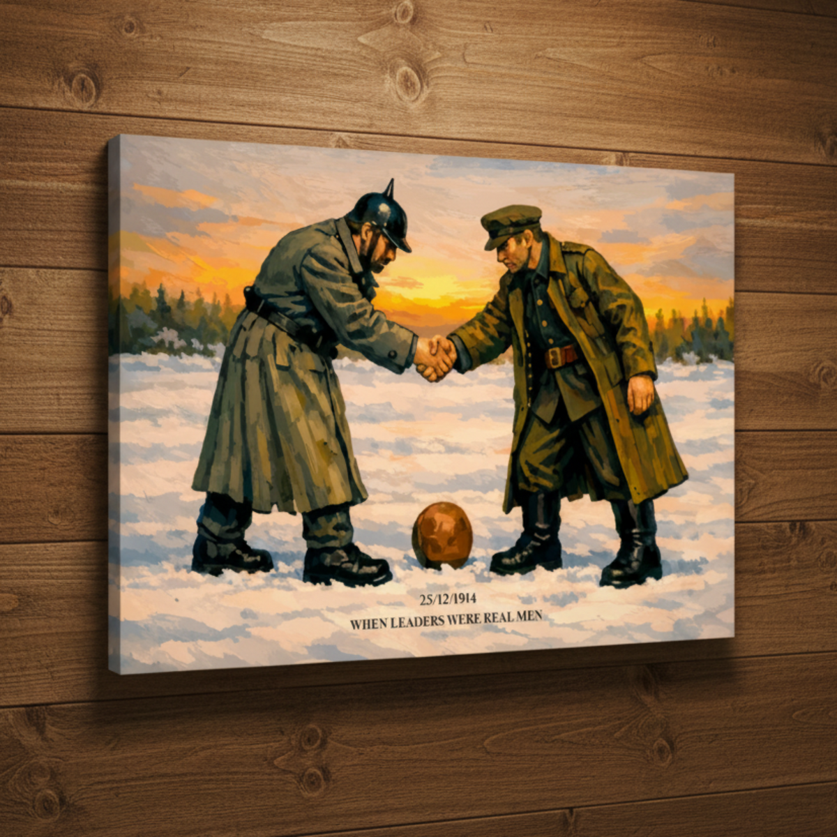 Canvas artwork of the christmas day truce 1914, a german and british soldier shake hands before a football match, text at the bottom reads '25/12/1914 WHEN LEADERS WERE REAL MEN' Hanging on a wood panel wall.