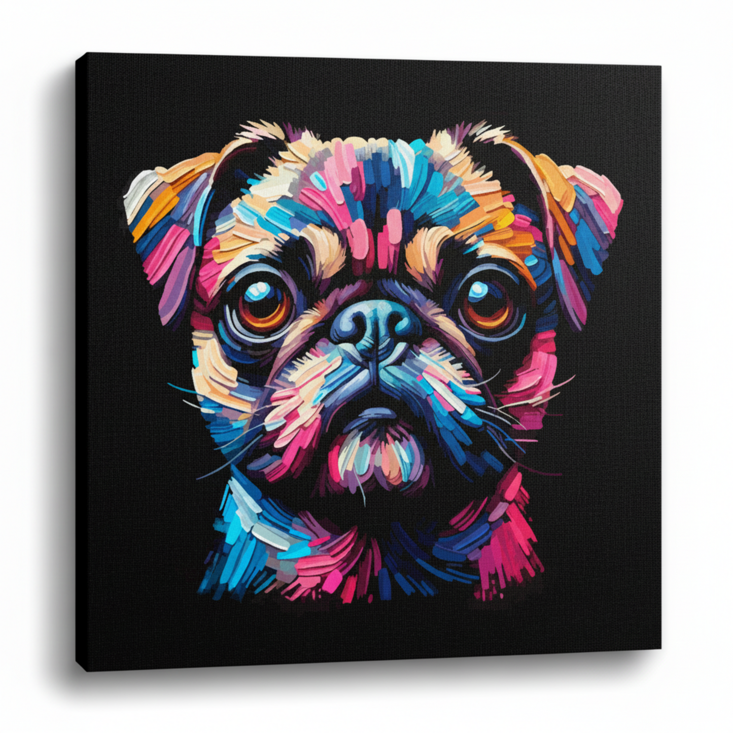 Colourful Chug dog portrait canvas print - UK made abstract pet wall art black background