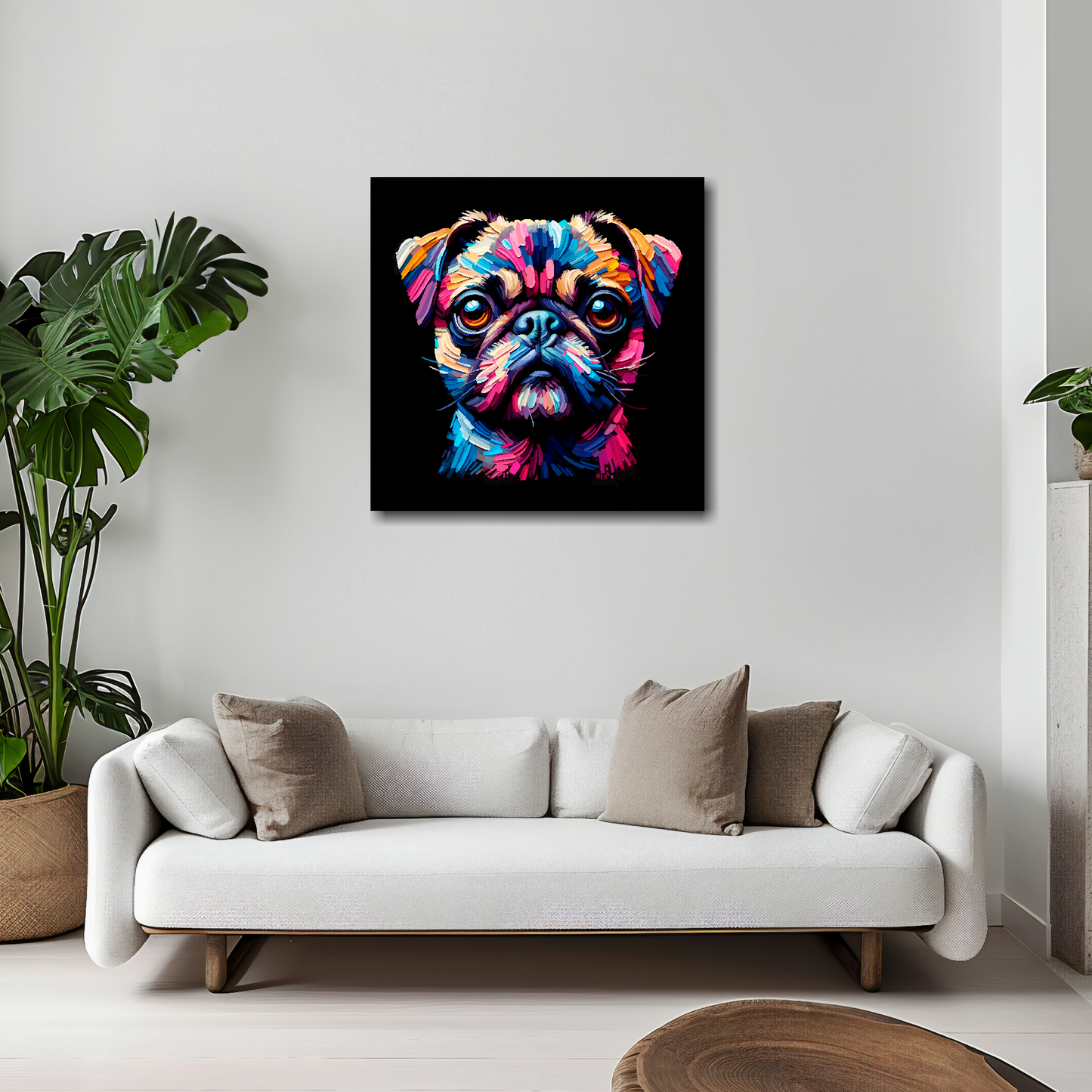 Chug canvas 20x20 inches above white sofa - vibrant dog portrait wall art UK