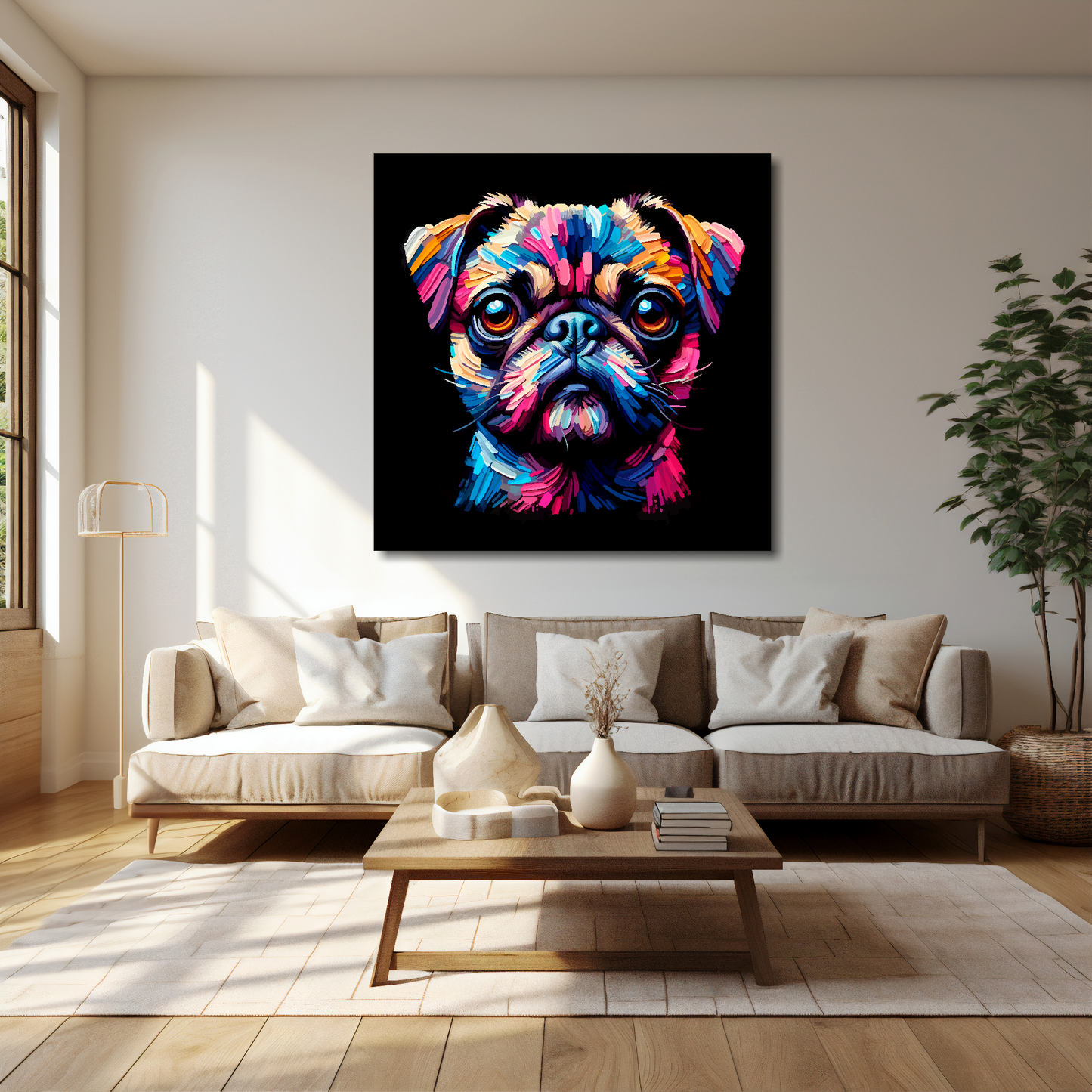 Chug canvas 40x40 inches above cream sofa - XL vibrant dog wall art UK