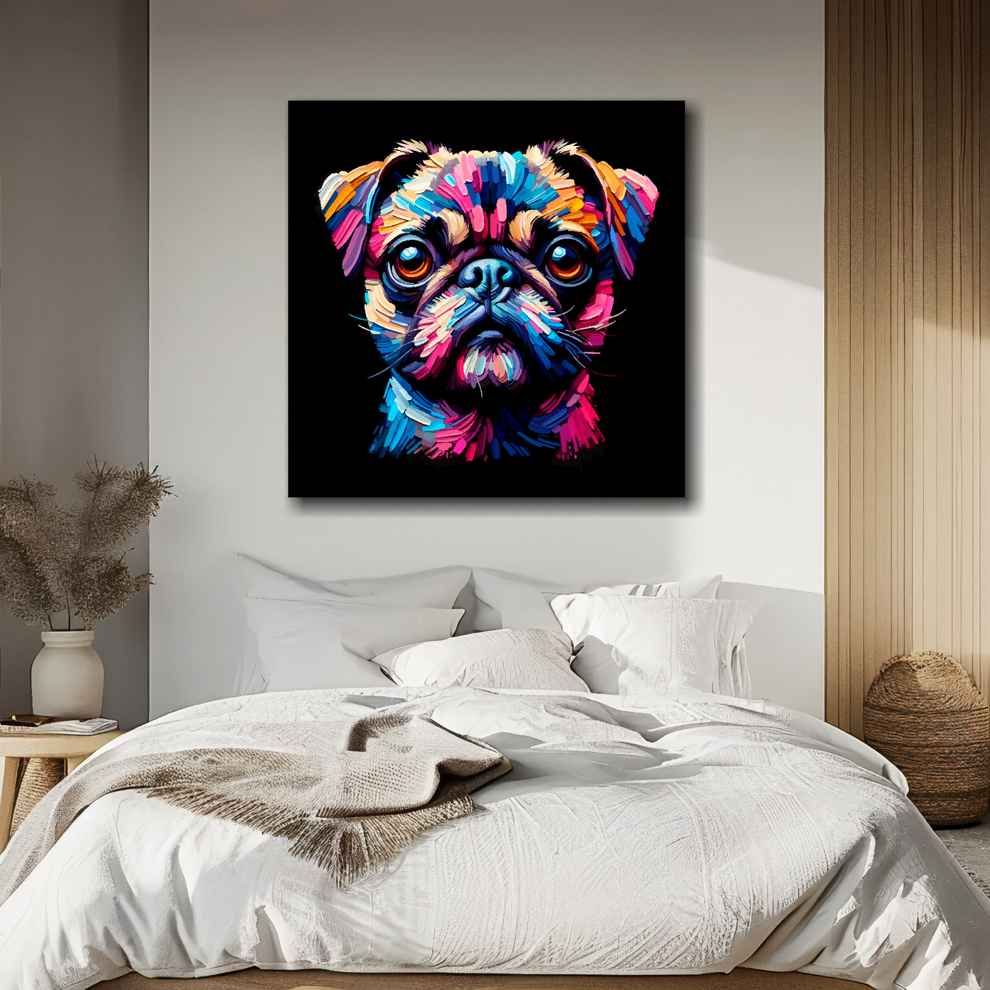 Chug portrait canvas above bed - colourful dog wall decor for UK bedrooms