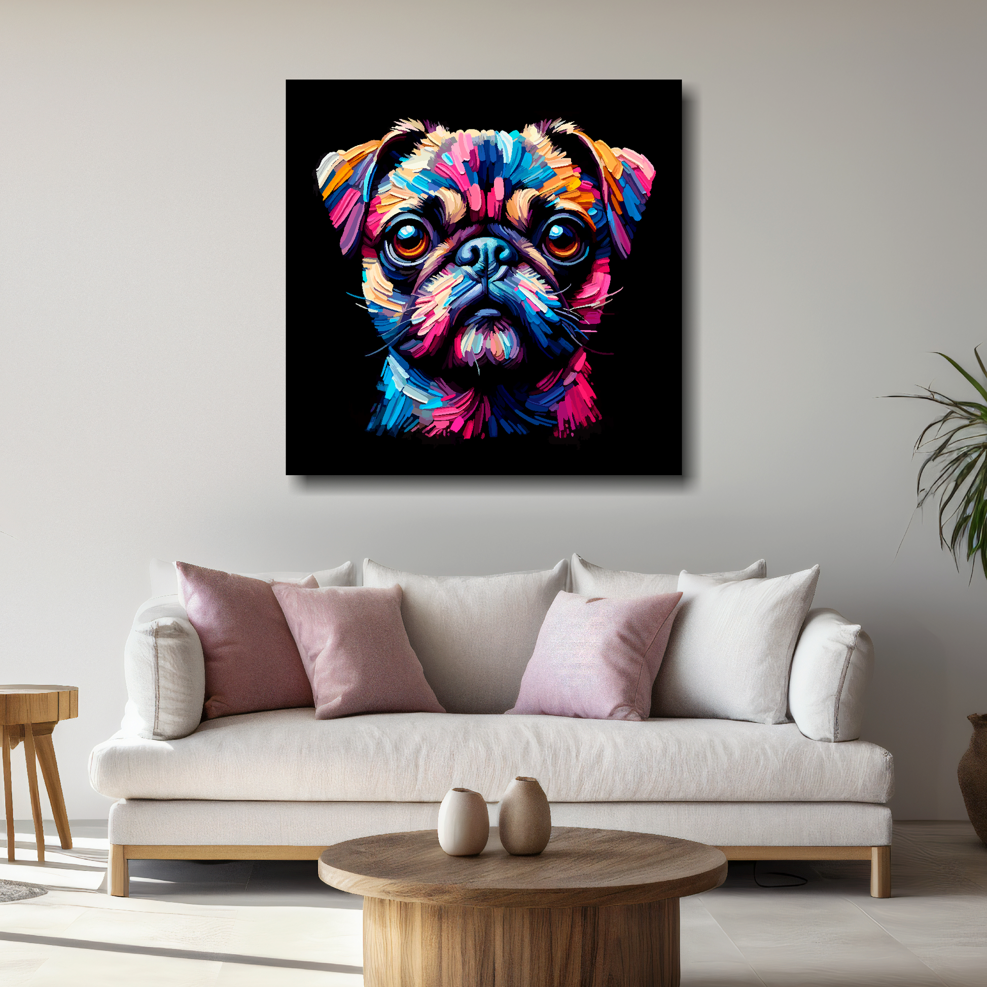 Large Chug canvas above white sofa - vibrant abstract dog portrait wall art UK