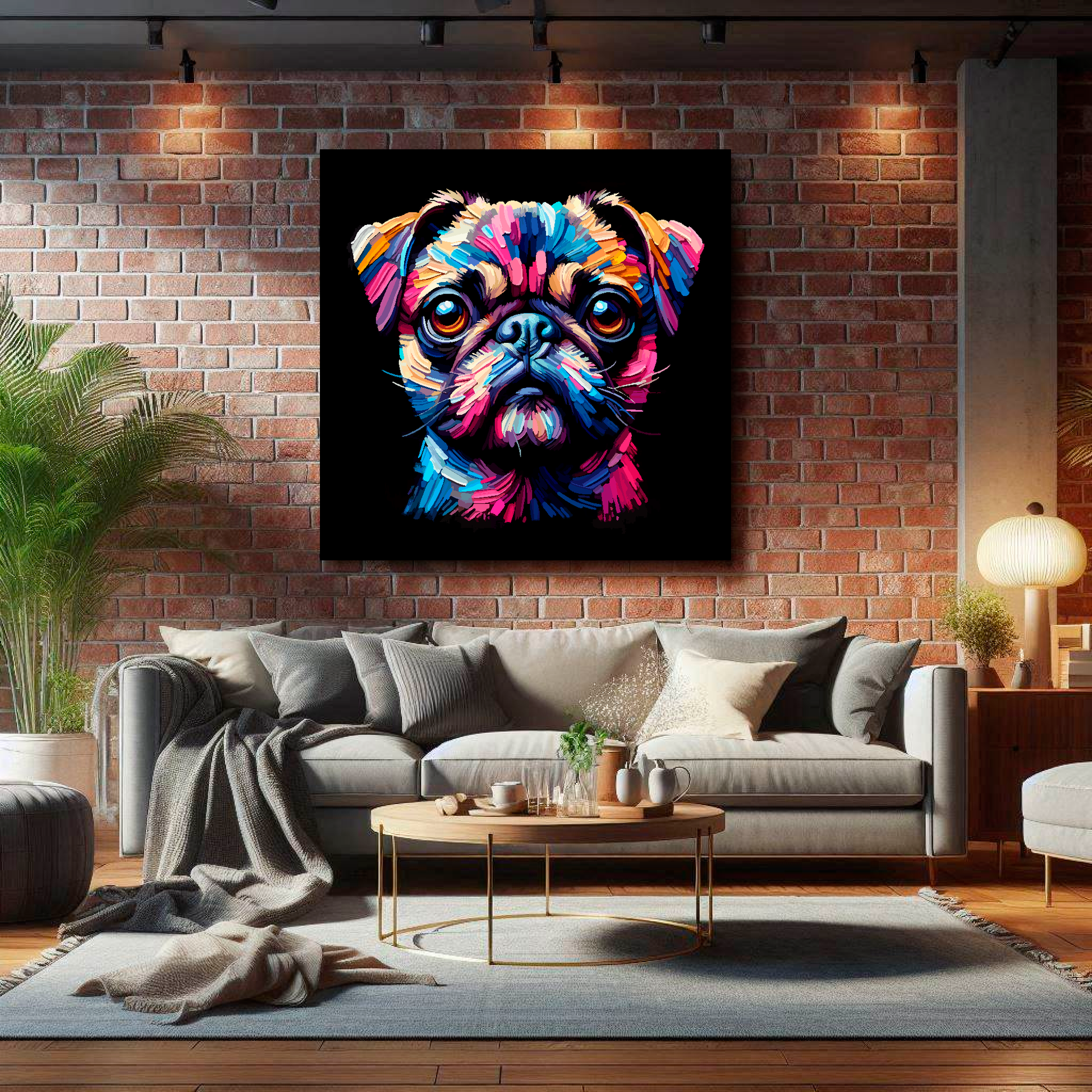 Large Chug canvas on brick wall above grey sofa - bold dog portrait UK living room