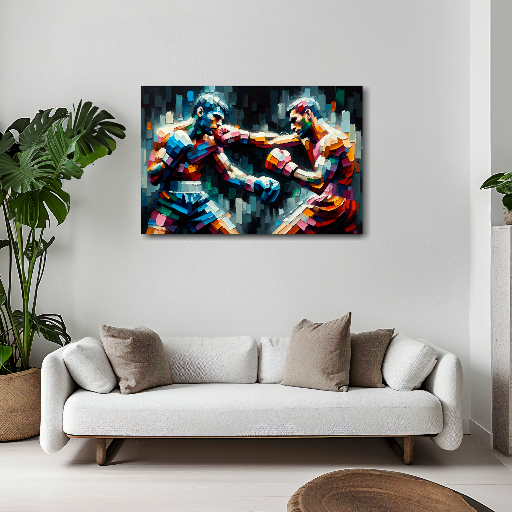 Clash of colour canvas 30x20 inches above white sofa - vibrant boxing wall art UK