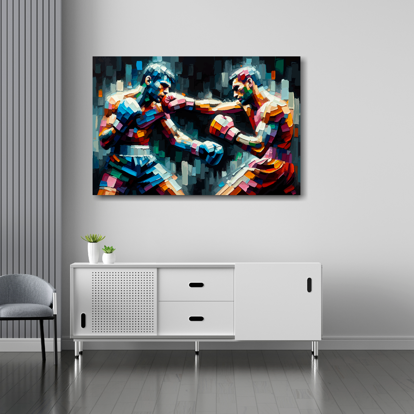 Clash of colour canvas 36x24 inches above sideboard - large colourful sports art UK made