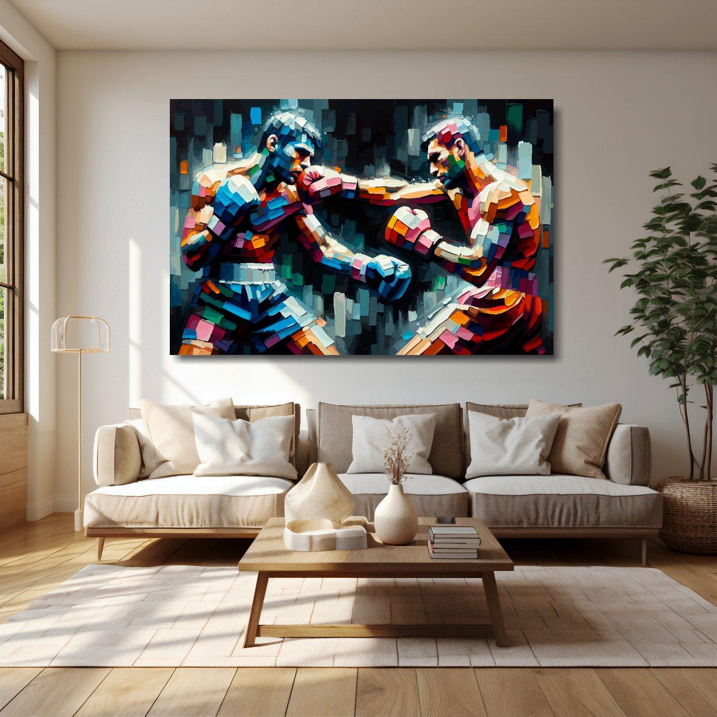 Clash of colour canvas 60x40 inches above cream sofa - XL vibrant boxing wall art UK