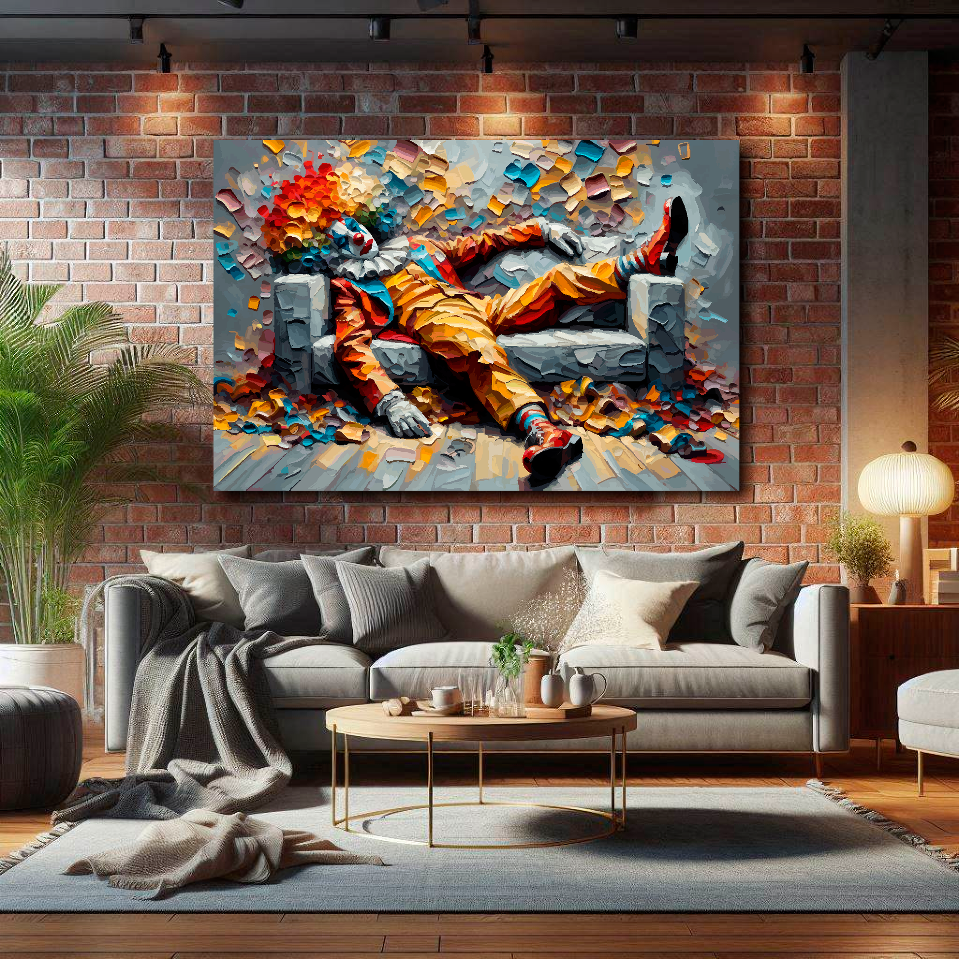 Large all clowned out canvas on brick wall above grey sofa - bold fashion art UK living room