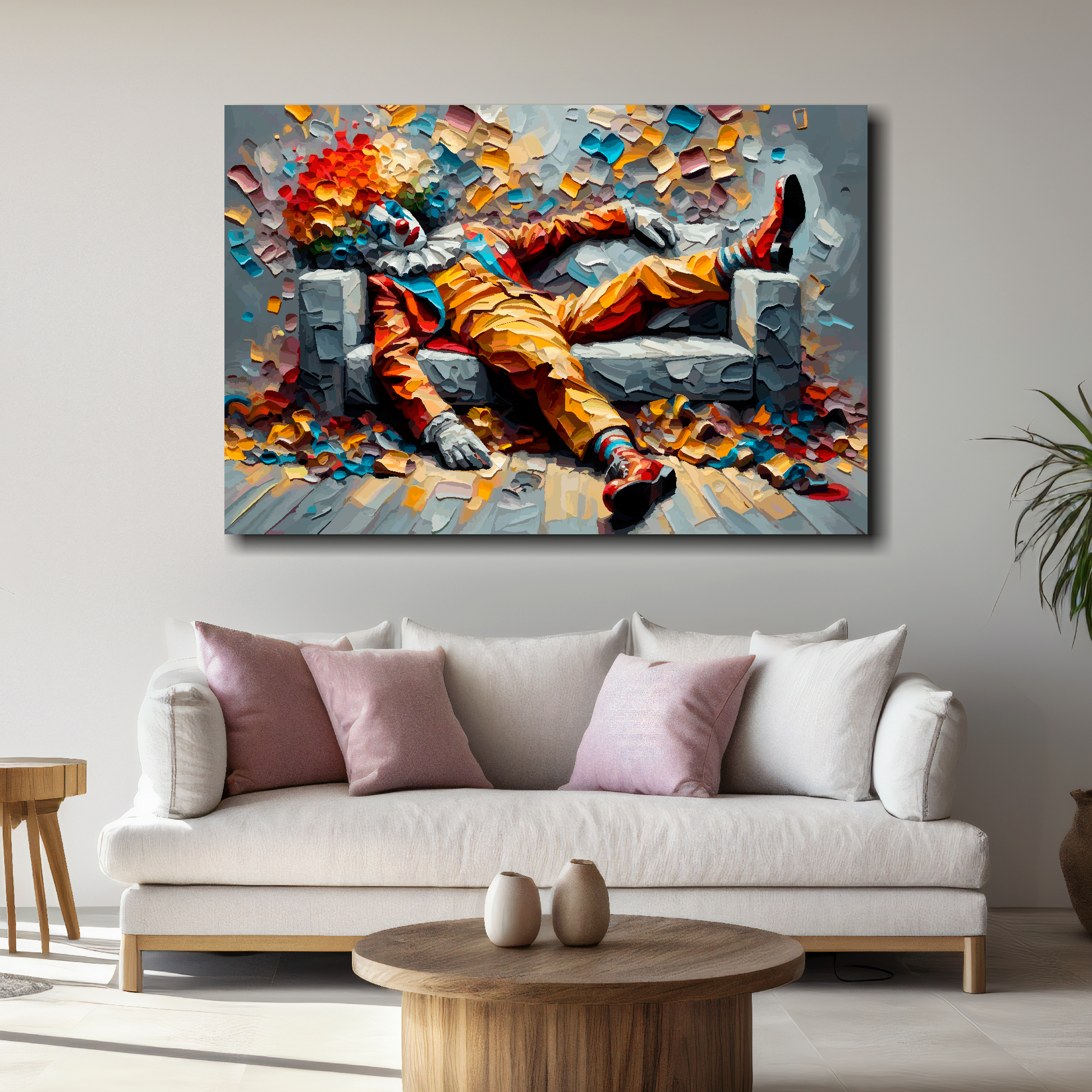 Large all clowned out canvas above white sofa - vibrant abstract fashion wall art UK