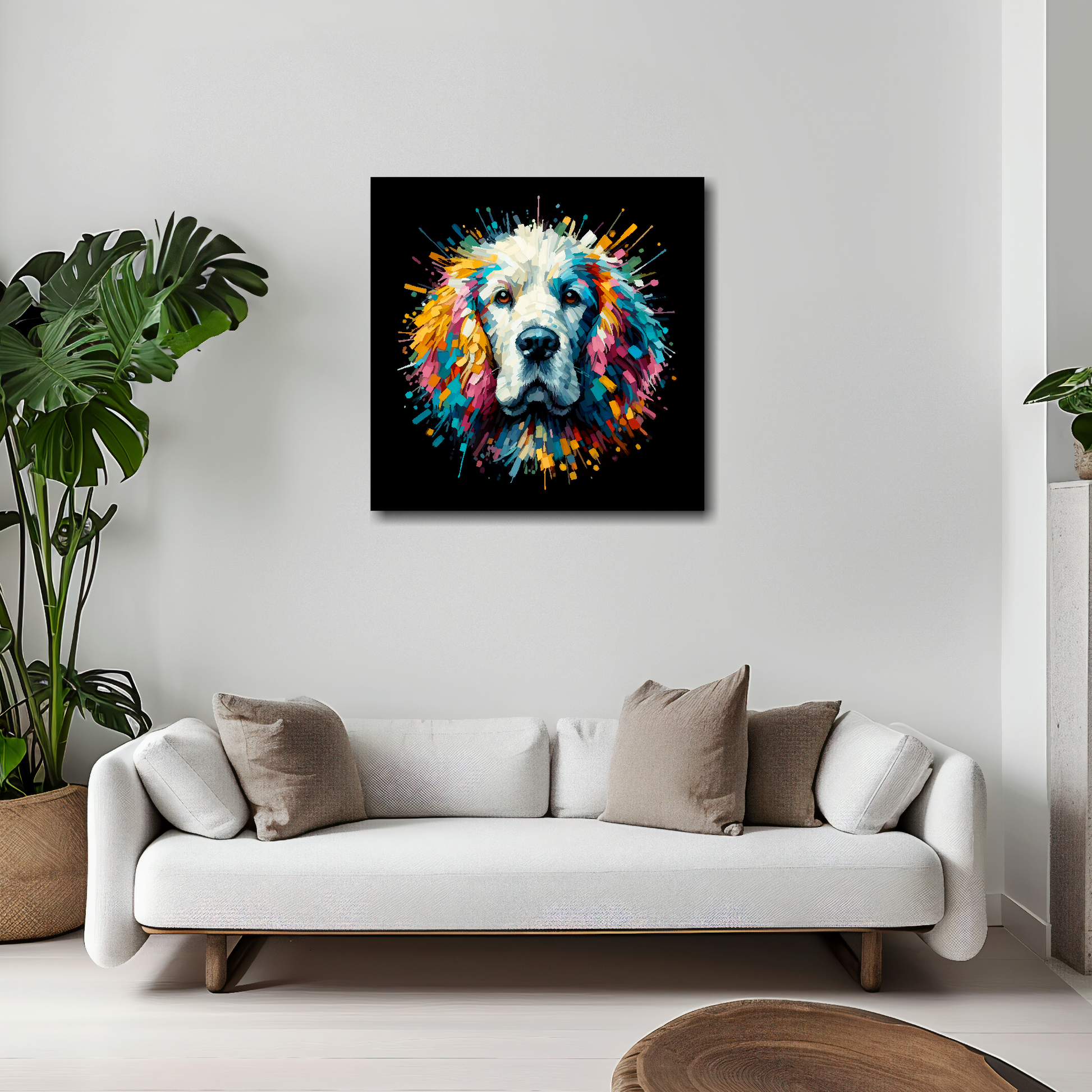 Clumber Spaniel canvas 20x20 inches above white sofa - vibrant dog portrait UK