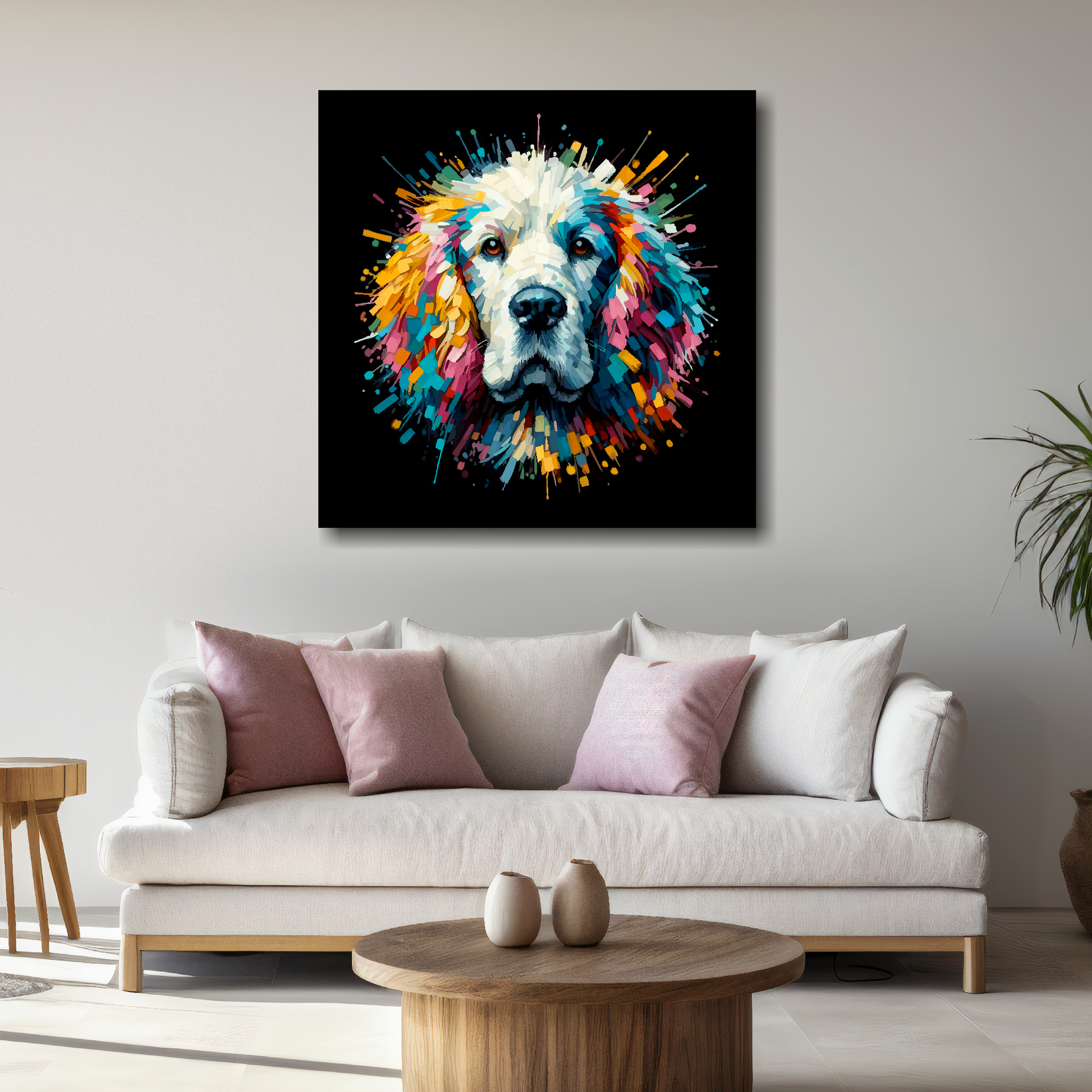 Large Clumber Spaniel portrait canvas - colourful dog wall decor UK