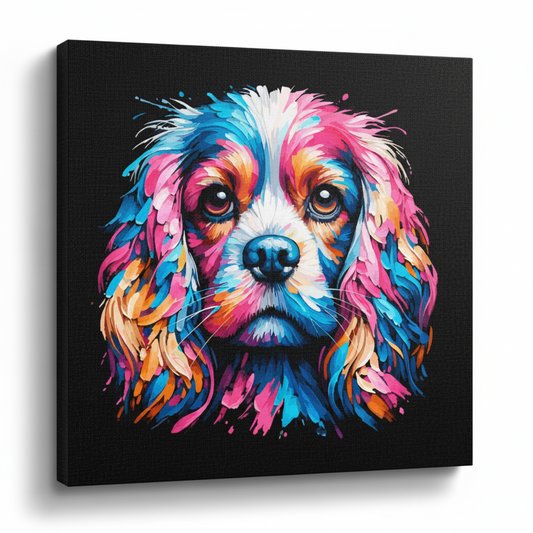Colourful Cockalier dog portrait canvas print - UK made abstract pet wall art black background