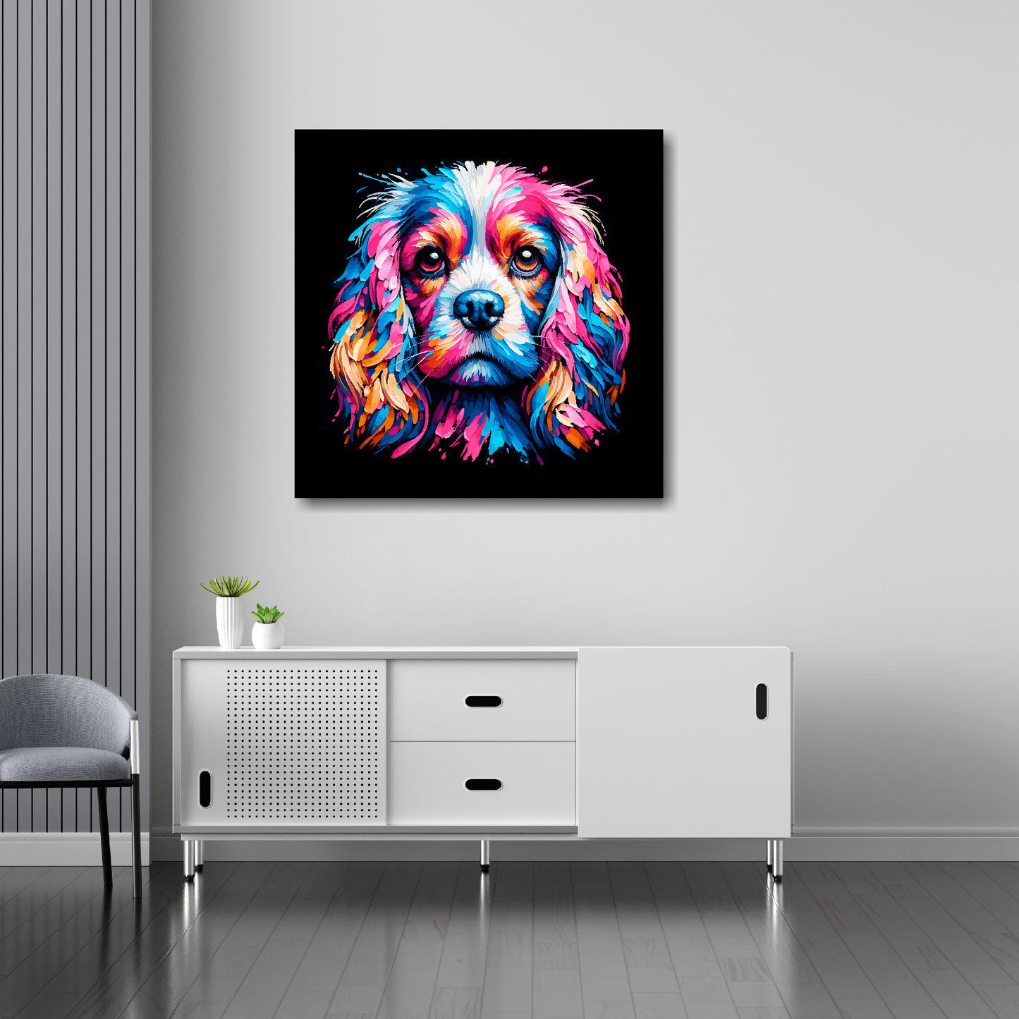 Cockalier canvas 30x30 inches above sideboard - large colourful dog portrait UK made