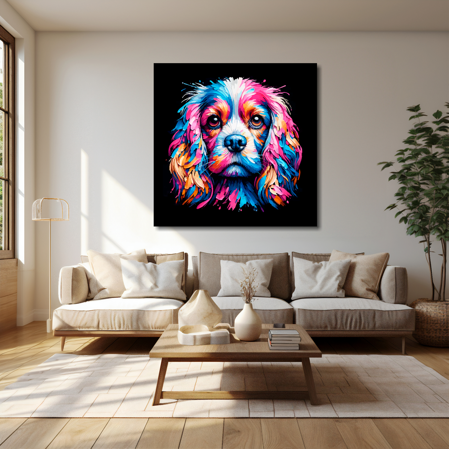 Cockalier canvas 40x40 inches above cream sofa - XL vibrant dog wall art UK