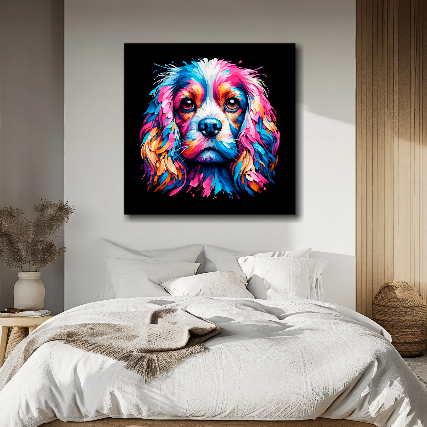 Cockalier portrait canvas above bed - colourful dog wall decor for UK bedrooms