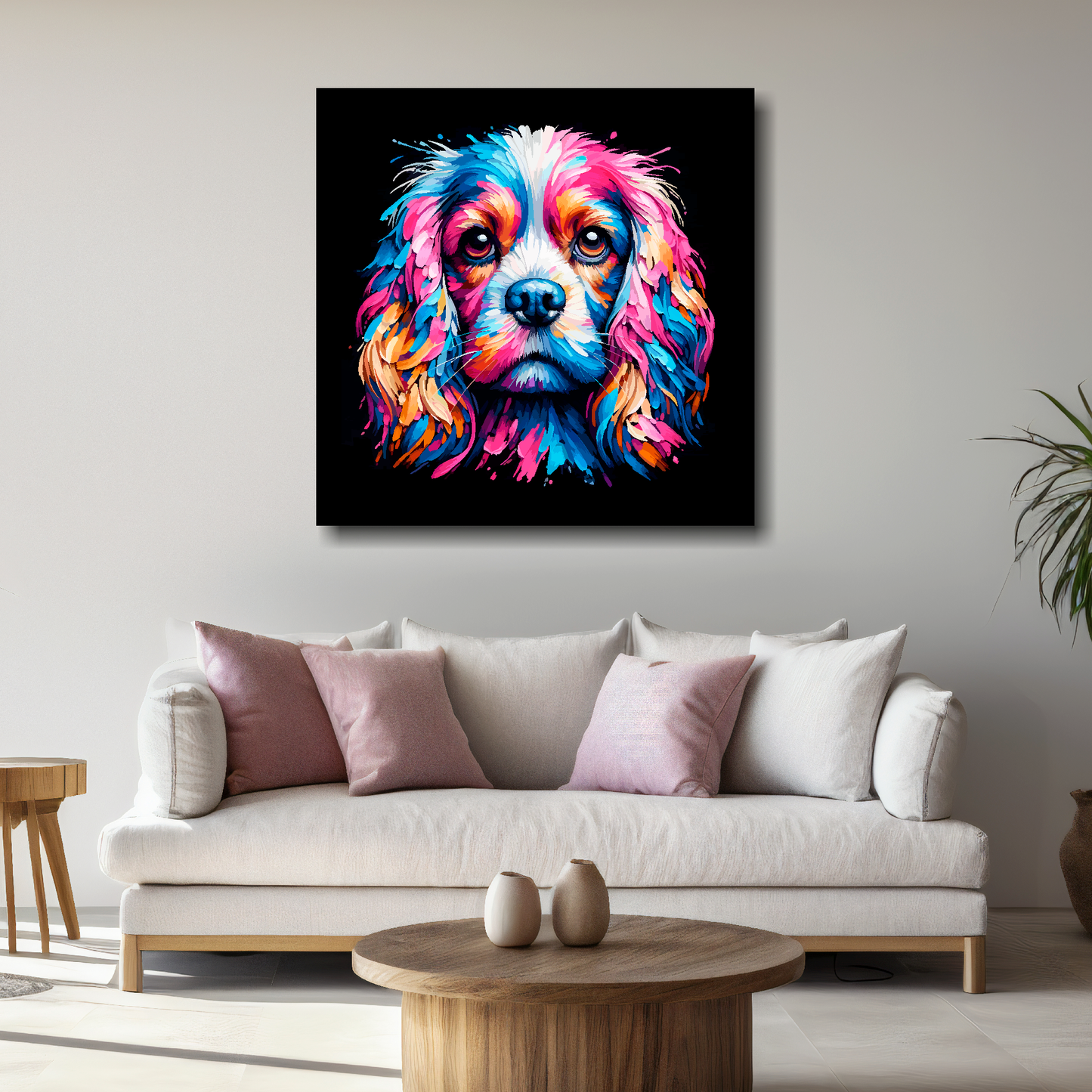 Large Cockalier canvas above white sofa - vibrant abstract dog portrait wall art UK