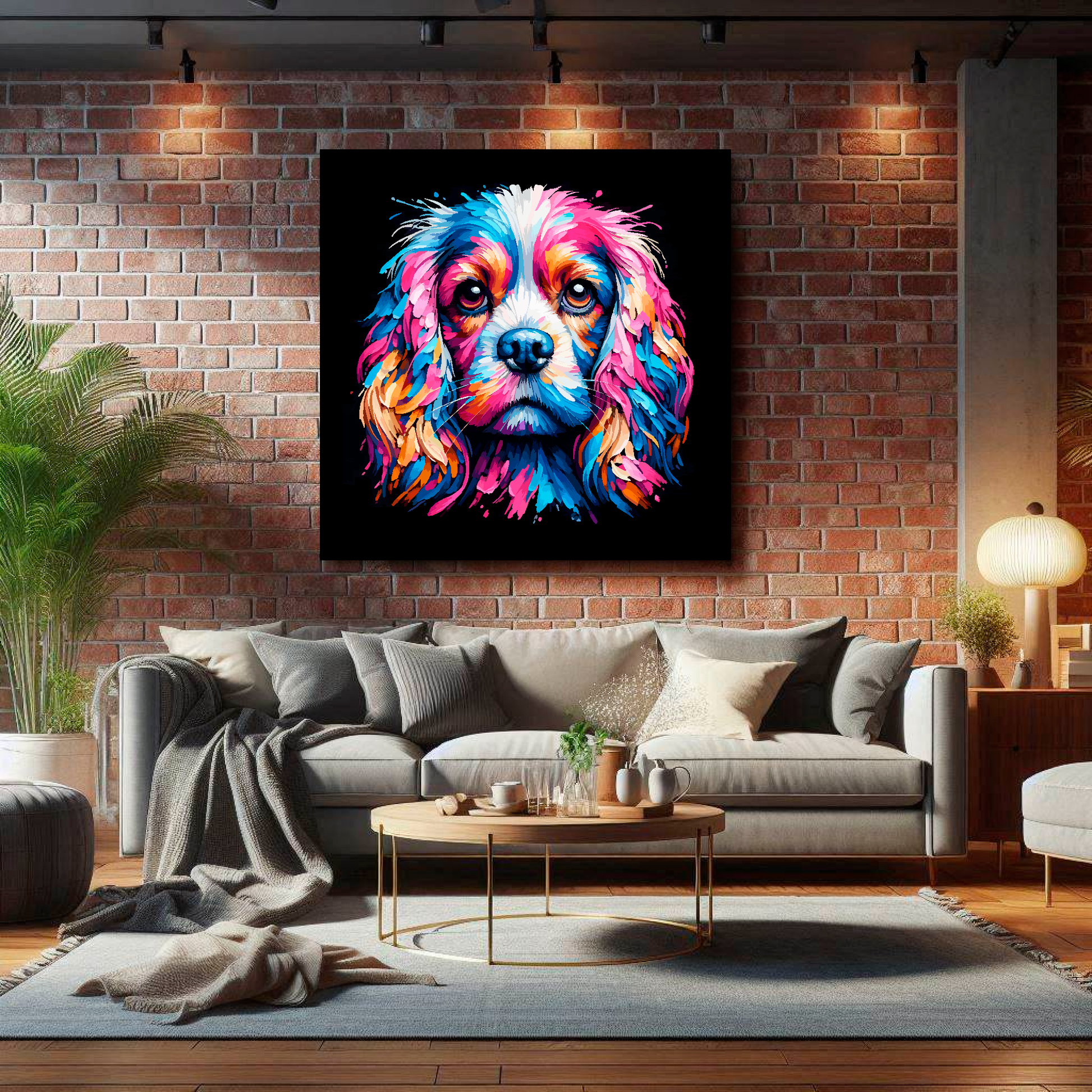 Large Cockalier canvas on a brick wall above grey sofa - bold dog portrait UK living room