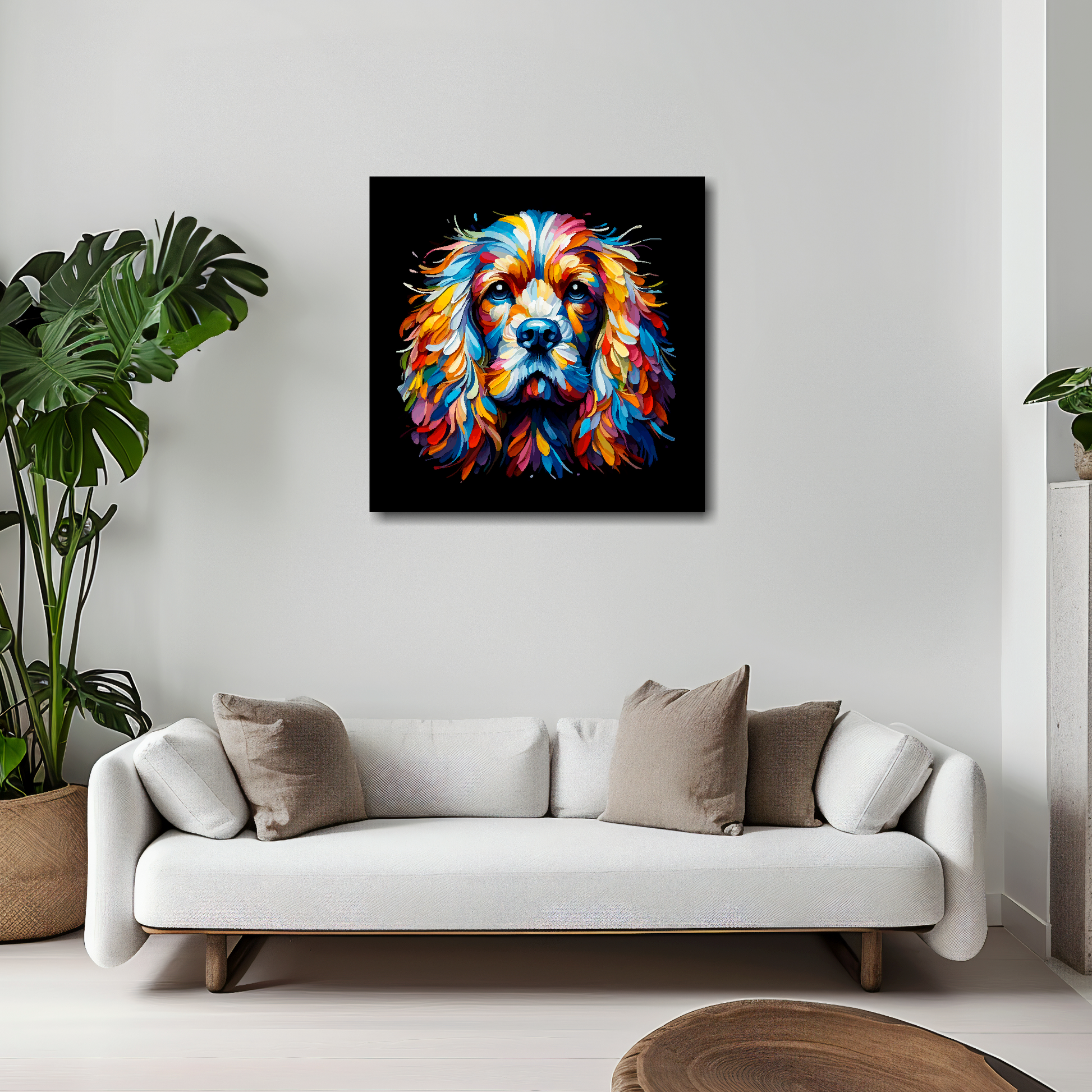 English Cocker Spaniel canvas 20x20 inches above white sofa - vibrant dog portrait wall art UK