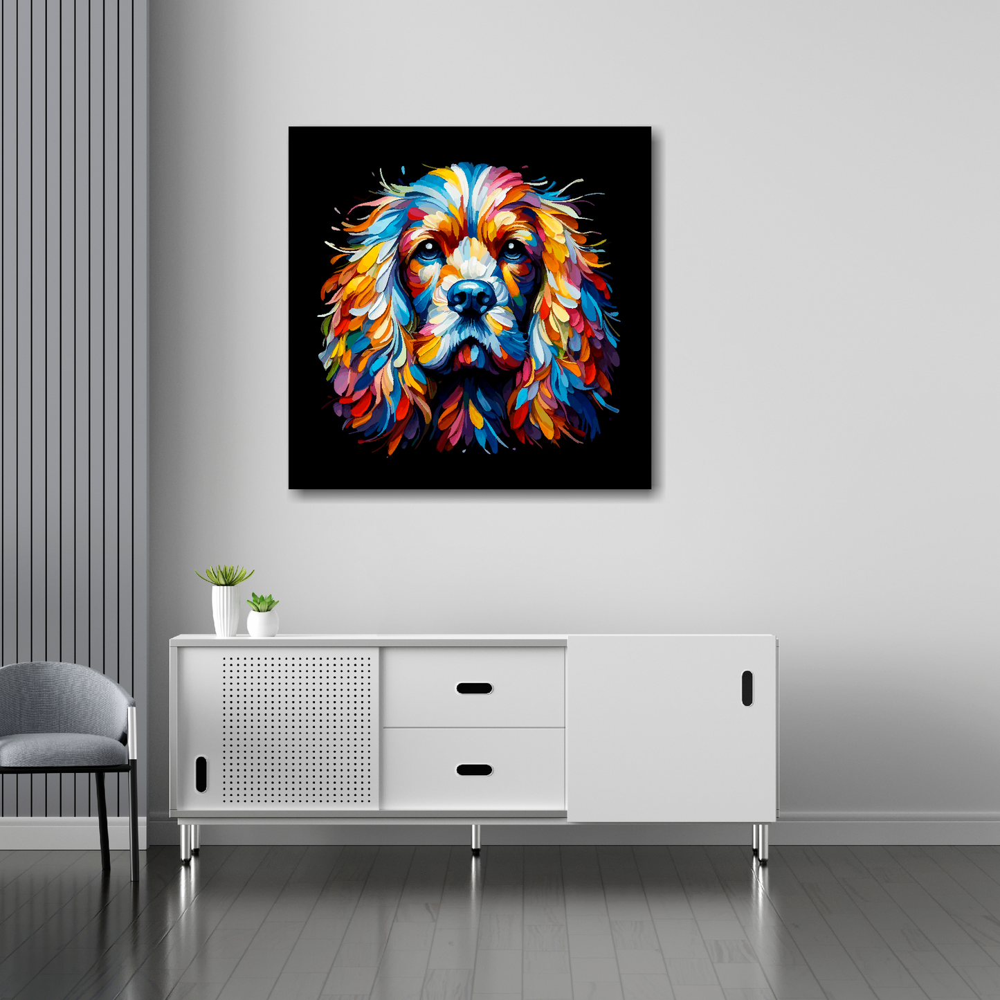 English Cocker Spaniel canvas 30x30 inches above sideboard - large colourful dog portrait UK made