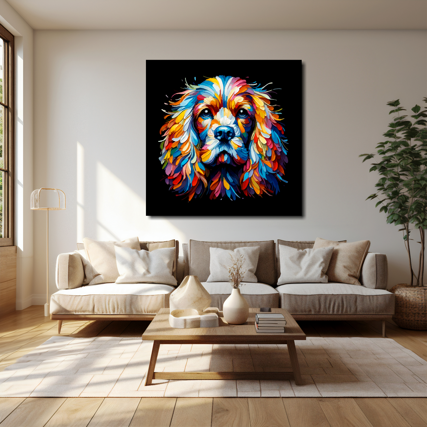 English Cocker Spaniel canvas 40x40 inches above cream sofa - XL vibrant dog wall art UK